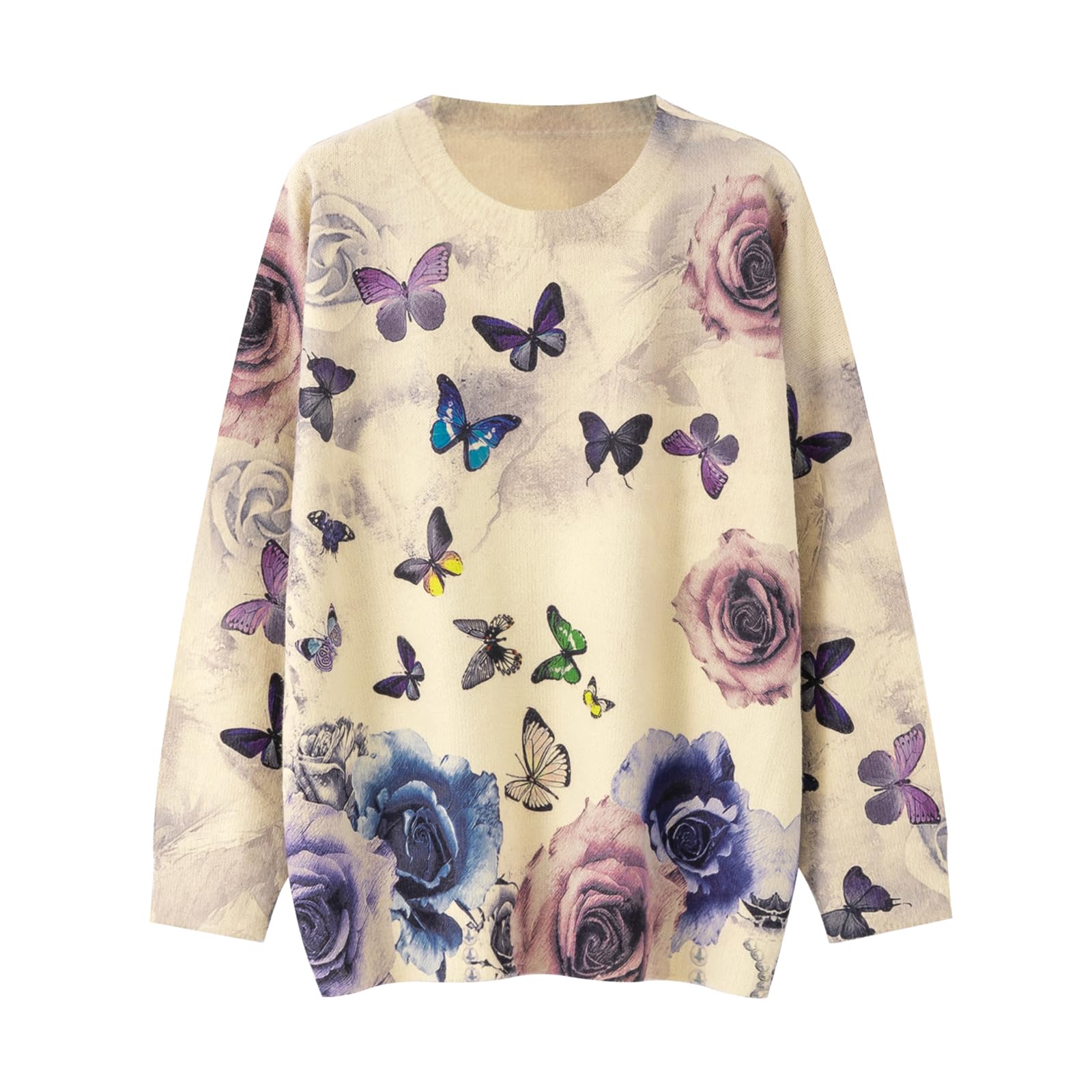 Womens Oversized Floral Patchwork Pullover Sweater Boho Casual Knit Crew Neck Top with Vintage Print