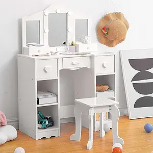 Kids Vanity Set With Mirror, 2-In-1 Wooden Toddler Vanity Table With Stool, Tri-Folding Mirror & Drawer,Princess Pretend Play Makeup Vanity Princess Makeup Desk Dressing Table for Little Girls