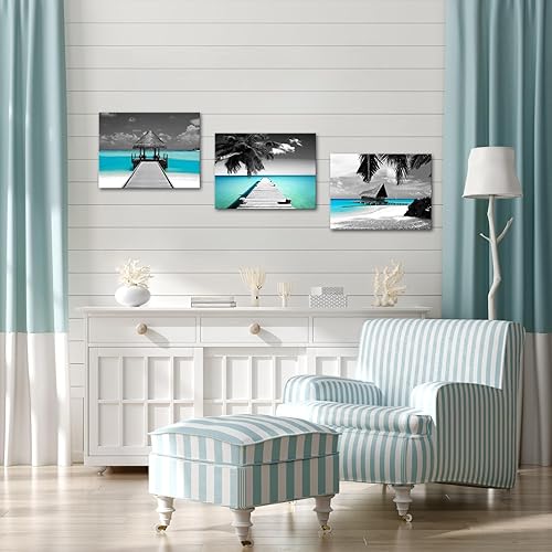 Miniatura 3 de MLOML Lienzo decorativo para pared, paisaje marino del océano, negro y verde azulado, impresiones de pintura moderna de puente costero verde azulado