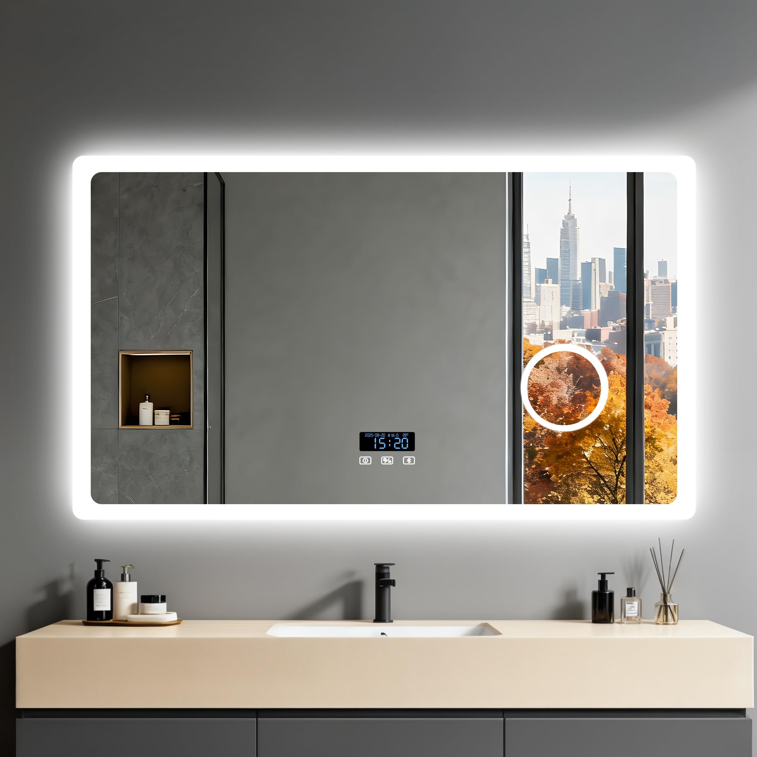 LUVODI Bathroom Mirror with LED Light: 1200x700mm Large Wall Illuminated Mirror with Bluetooth Dimmable 3 Colours Lighting 3X Magnifier Anti-fog Smart Display Memory Function