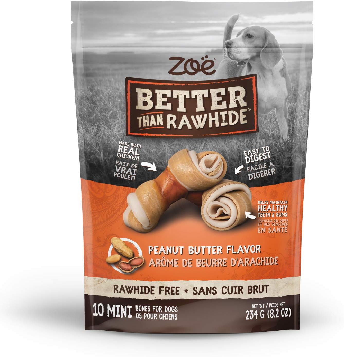 Zoë Better than Rawhide Bones for dogs, Mini, Peanut Butter Flavor, 10