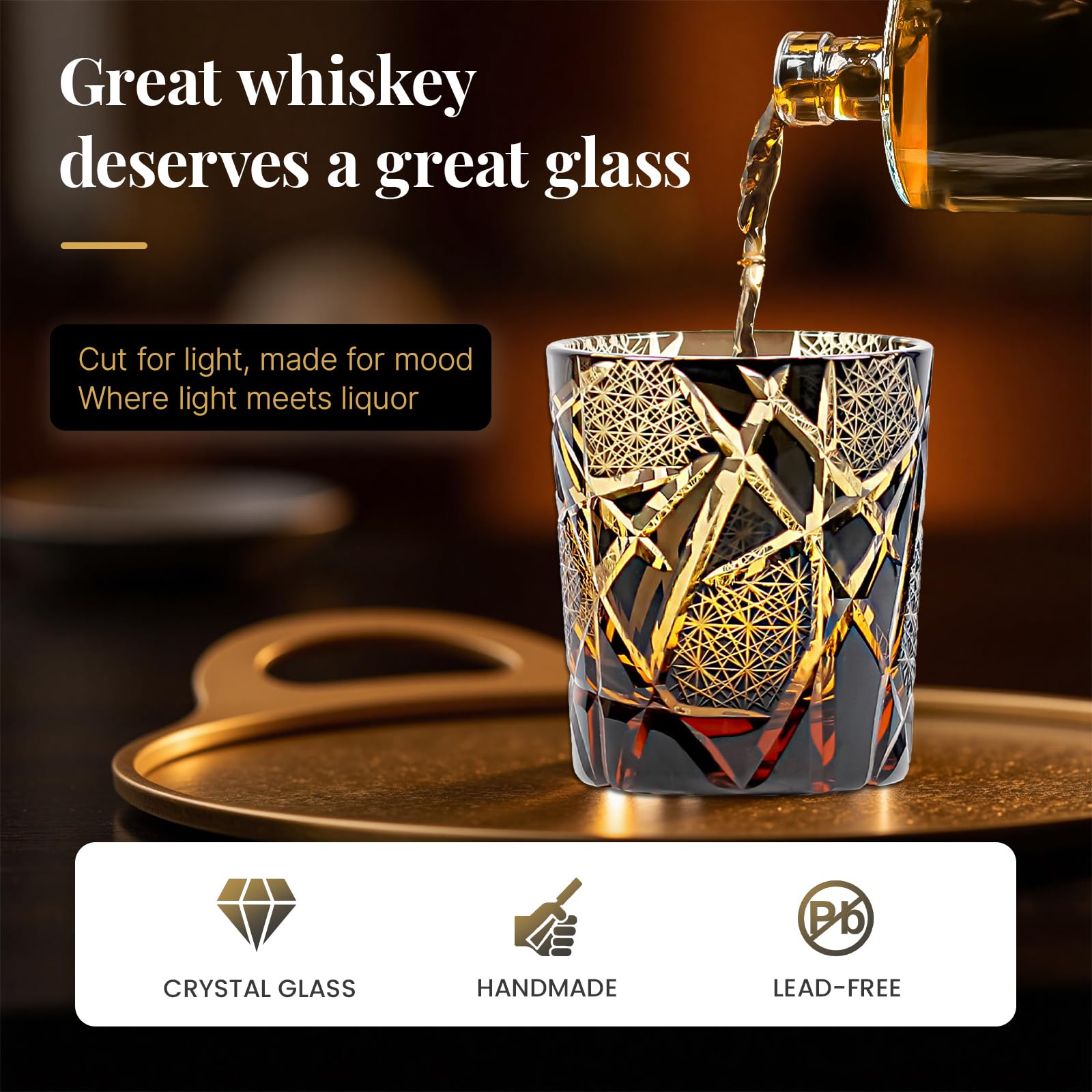 Vaso Whisky Japones Edo Kiriko Kiku Tsunagi - Vaso Degustacion Regalo Hombre para Bourbon - Vidrio Premium (Ámbar, 250ml)