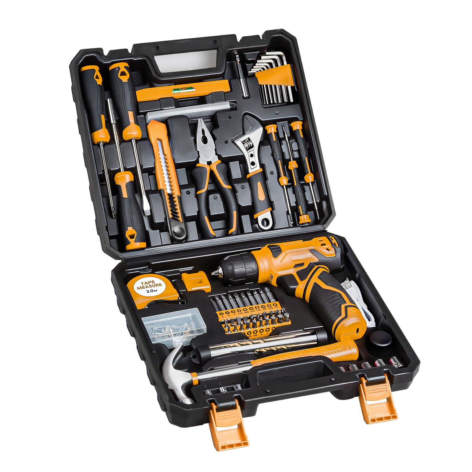 Tool Set - Tool Kit with 8V Cordless Drill, 132 Piece Tool Box with Drill, Home Tool Kits for Men & Women, Hand Drill Set Perfect for Homeowner, Diyer, Handyman-Yellow