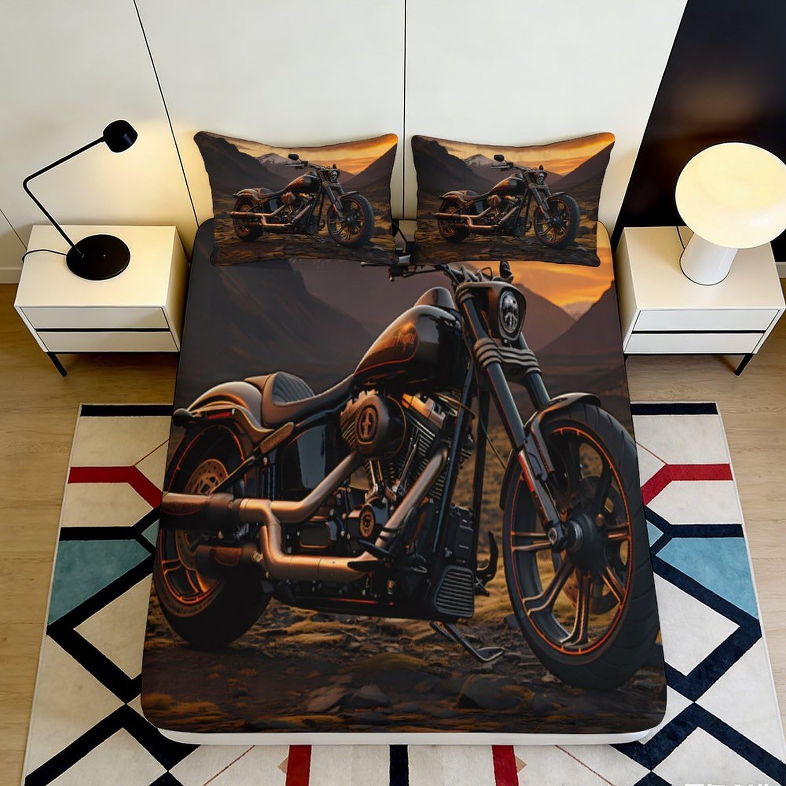 3D Printed Motorcycle Sunset Fitted Sheet Microfiber Soft Breathable Road Bike Bed Cover for Bedroom Dorm Decor 90x200x25cm