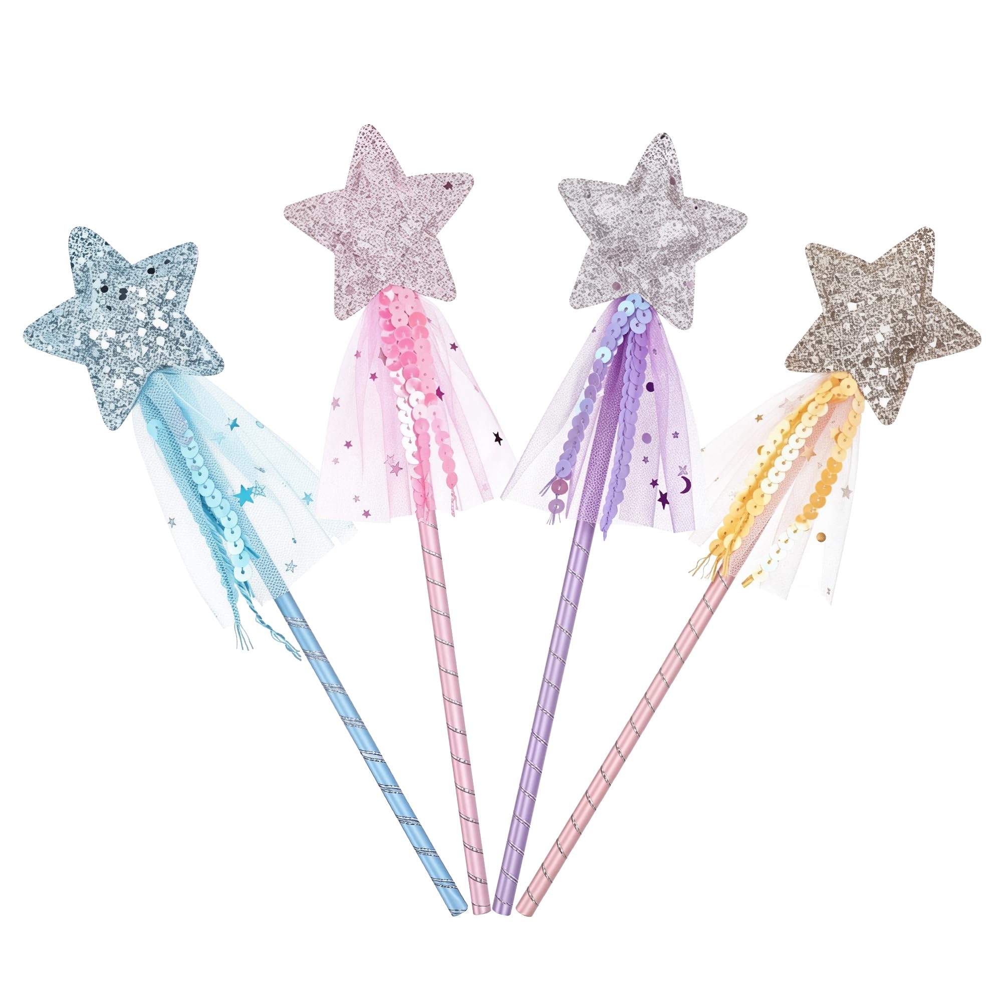 VBVOO Fairy Wand 4 Pack – Princess Star Wand Set with Sequins Ribbon Tulle – Glitter Magic Wand for Costume Role Play Birthday Halloween Christmas Party – Pink Blue Purple Yellow