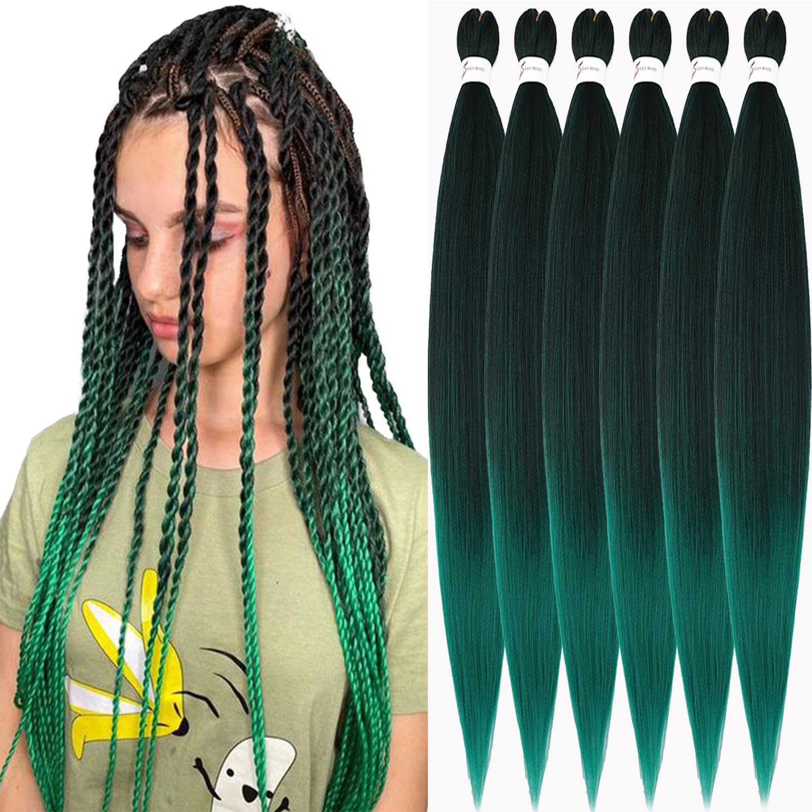 Xusuperb Extensiones de pelo sintético largo pre elástico verde degradado de 30 pulgadas, color negro y verde, 6 paquetes de extensiones de pelo sintético sin nudos suaves con textura yaki