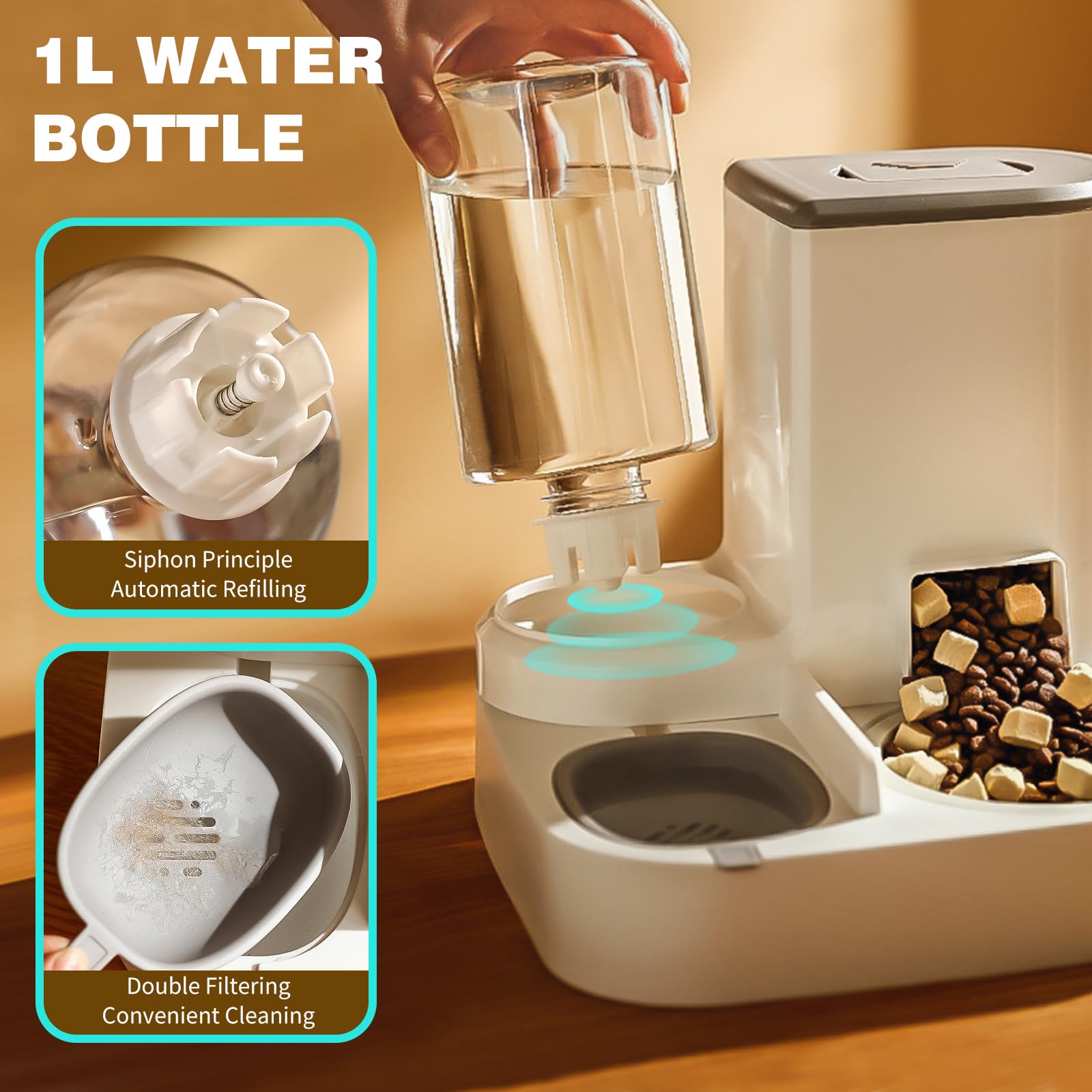 PETCUTE Dispensador Automático de Alimentos y Agua para Mascotas 2 en 1,Comedero y Bebedero para Perros Gatos Animales,Comedero para Gatos,Fácil de Limpiar,Dispensador de Agua para Mascotas