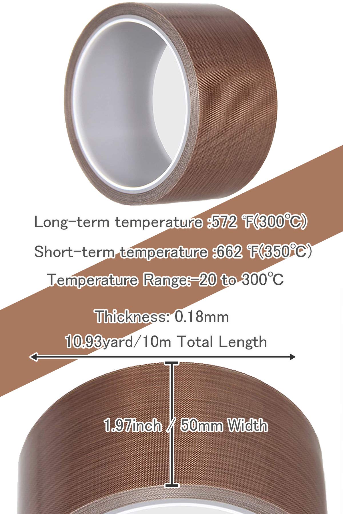 DY.2ten Cinta Telfon de fibra de vidrio recubierta de PTFE, 50mm x 10m, cinta de alta temperatura,Cinta transportadora mecánica de secado, Cinta de teflón para máquina selladora al vacío