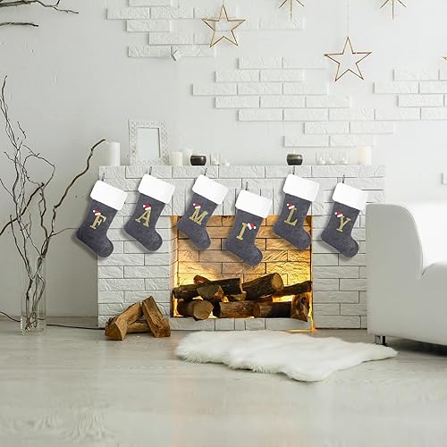 Miniatura 6 de Calcetín de Navidad con monograma de 20 pulgadas, cuerpo de terciopelo gris de lujo con puño de felpa súper suave letra bordada (A)