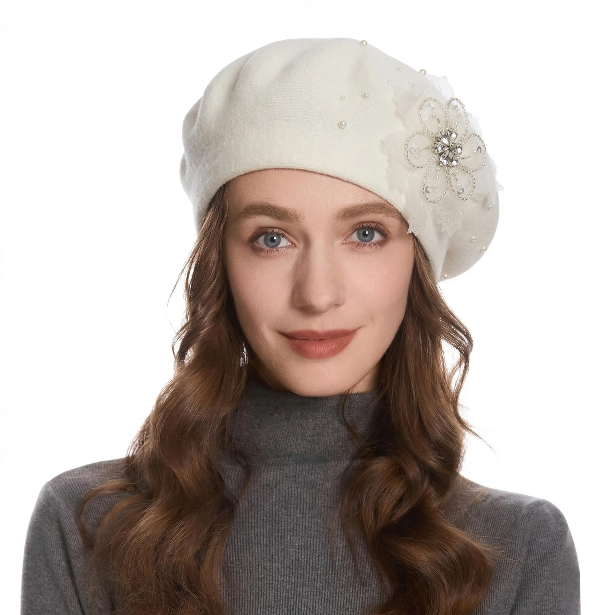 ZLYC Womens French Beret Hat Reversible Solid Color Cashmere Mosaic Warm Beret Cap(Lace Flower White),One Size