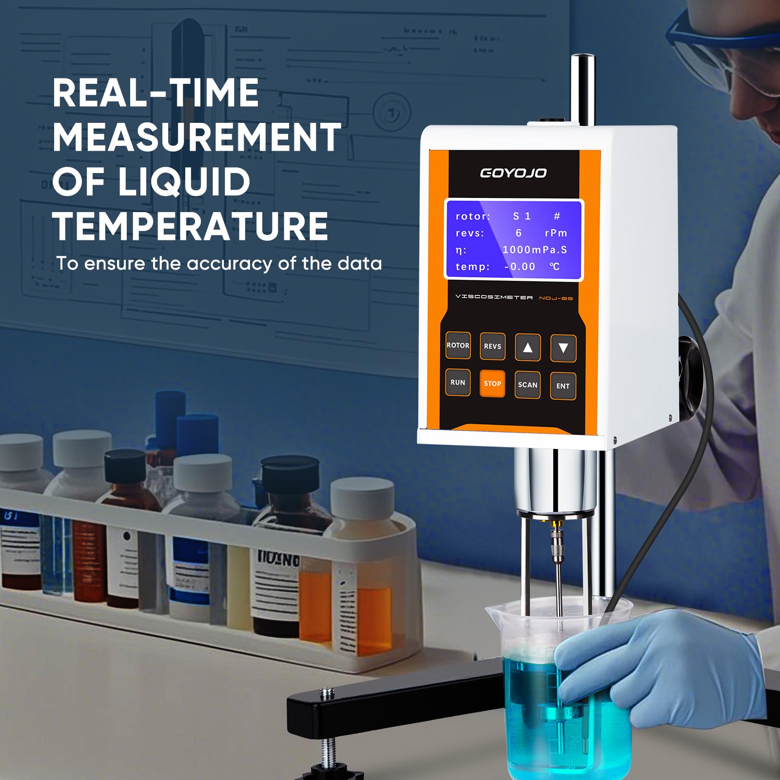 Viscosímetro giratorio digital con 4 rotores y sonda de temperatura, medidor de viscosidad de laboratorio con tintas de salida de datos, pinturas, recubrimientos, adhesivos, grasas, cosméticos 10