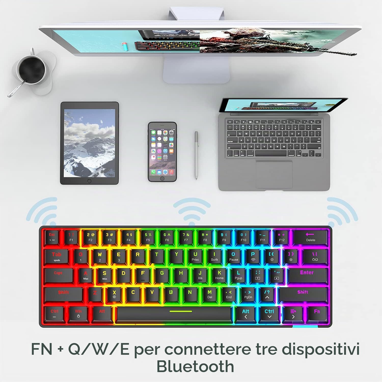 Tastiera meccanica al 60% con cavo / senza fili Tastiera Bluetooth 5.0 RGB Arcobaleno retroilluminato a LED USB Type-C Tastiera da gioco impermeabile Tasti anti-ghosting (interruttore marrone)