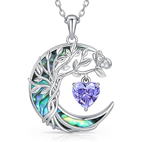 Distance Tree of Life Birthstone Necklace for Women, S925 Sterling Silver Premium Abalone Shell Moon Pendant, Heart Birthstone Necklace Christmas Anniversary Jewelry Birthday Gifts for Her Mom Wife