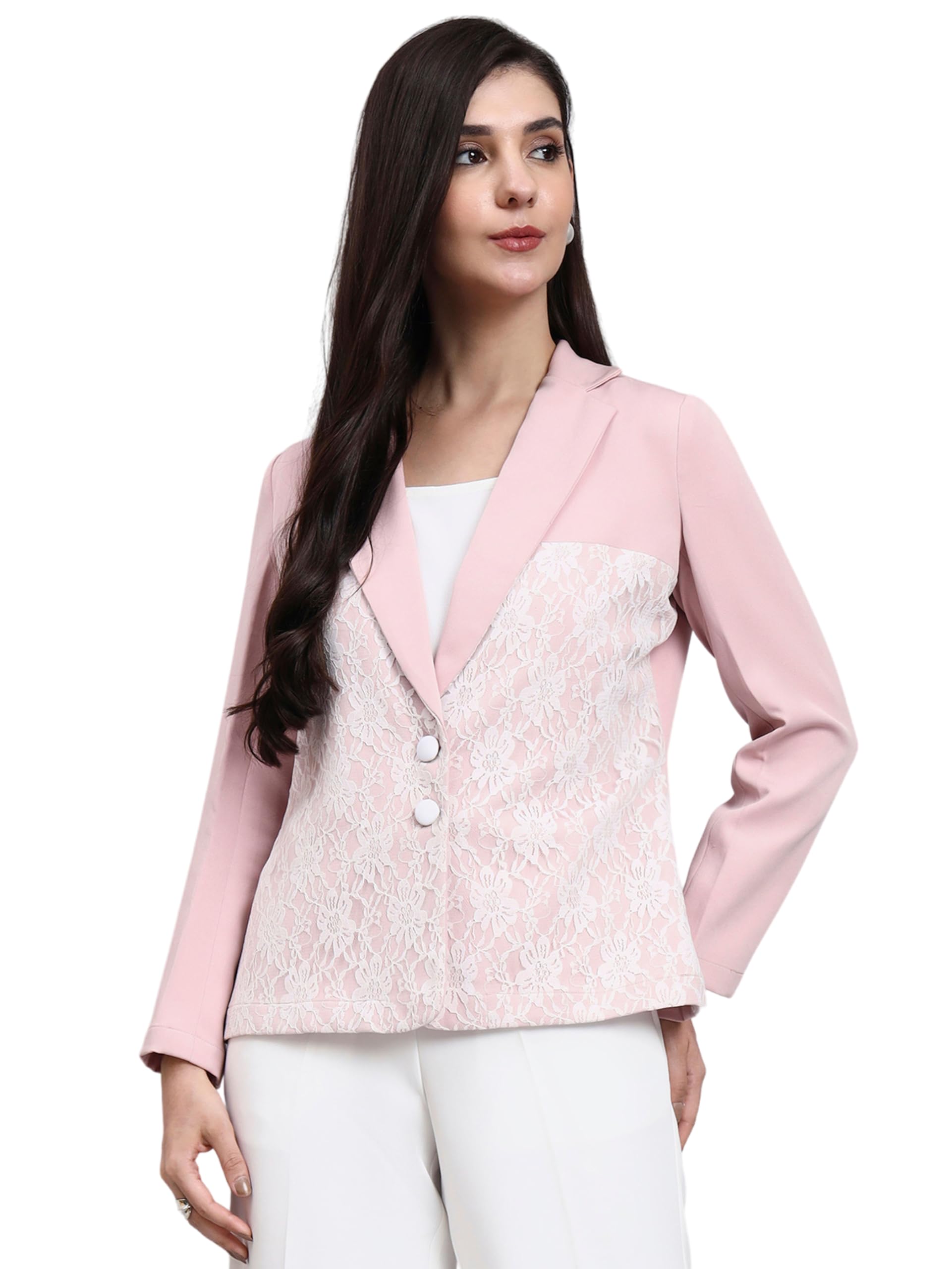 Women Baby Pink Blazer with Lace Panel Detail | Tailored Stretch Blazer with Notch Collar & Full Sleeves | Semi Formal Coat for Women Stylish Office Wear with Elegant Feminine Detailing-image-19