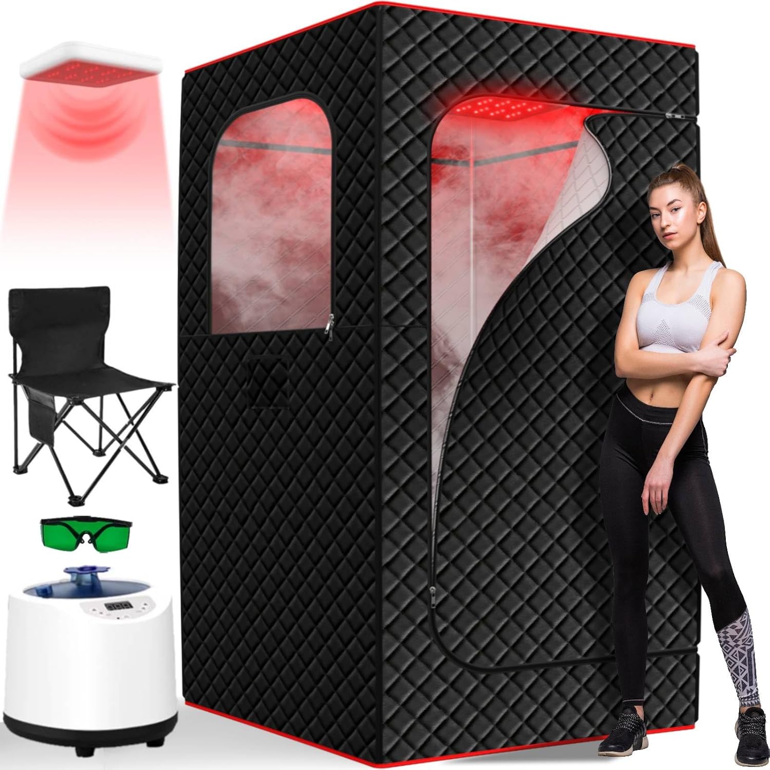 Infrared Home Steam Sauna Box, Portable Personal Full Body Sauna Spa Tent at Home for Relaxation with 660nm Red Light Therapy Lamp, 3L Steamer, Folding Chair, 15 Levels XL-personal sauna