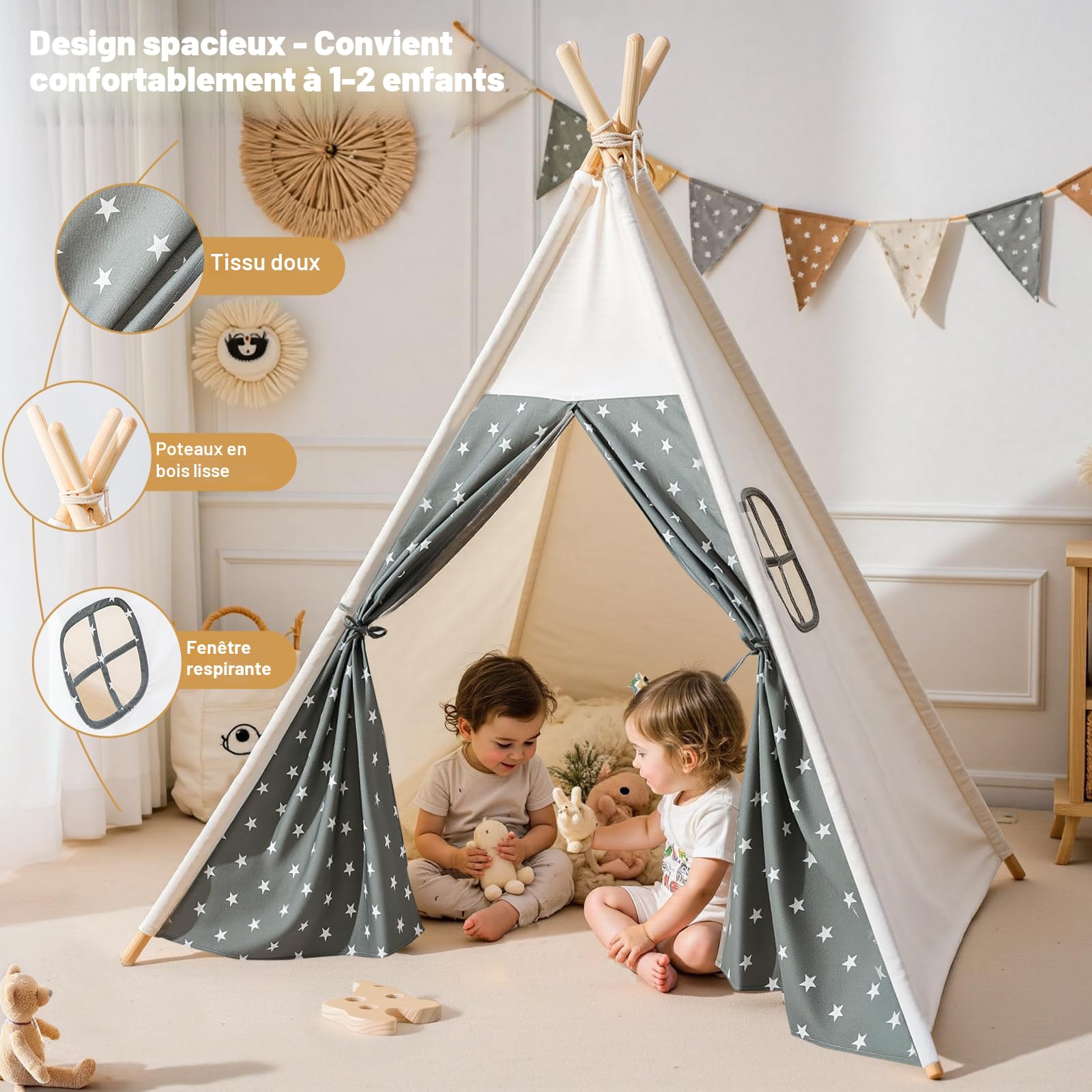 Tente Tipi Pliable Pour Enfants – 115x115 Cm – Jeu Intérieur Et Extérieur – Stimule L’Imagination – Anniversaire, Noël