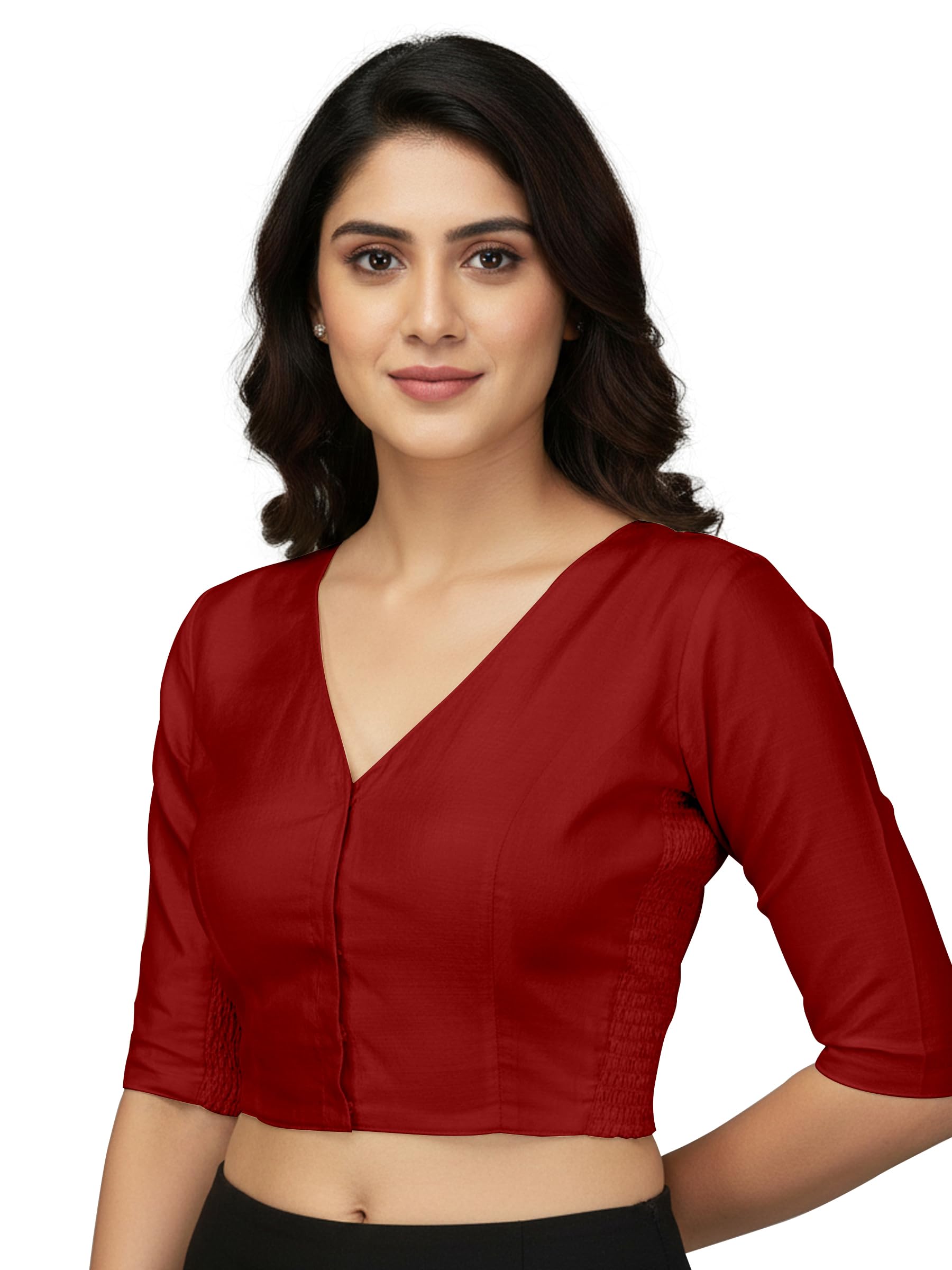 V-Neck Taffeta 3/4 Sleeves, Front Hook Closure with Smocked Side Panel, Full Back Covered Readymade Saree Blouse for Women-image-40