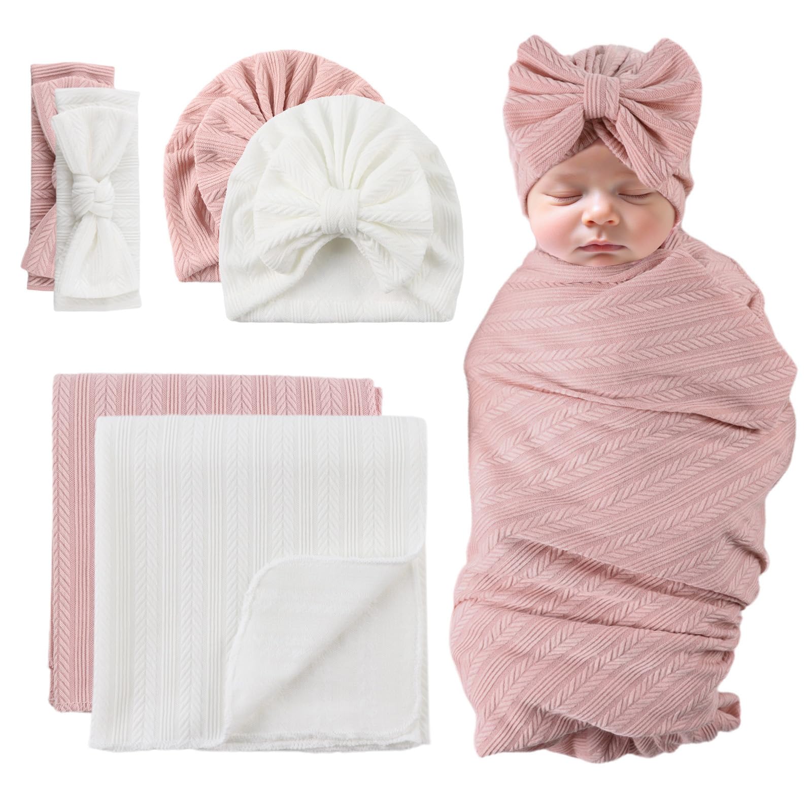 Bebé Recién Nacido Manta Envolvente Niña Manta Envolvente con Gorro Diadema Saco de Dormir Bebé Nacimiento (Blanco+Viejo Rosa)