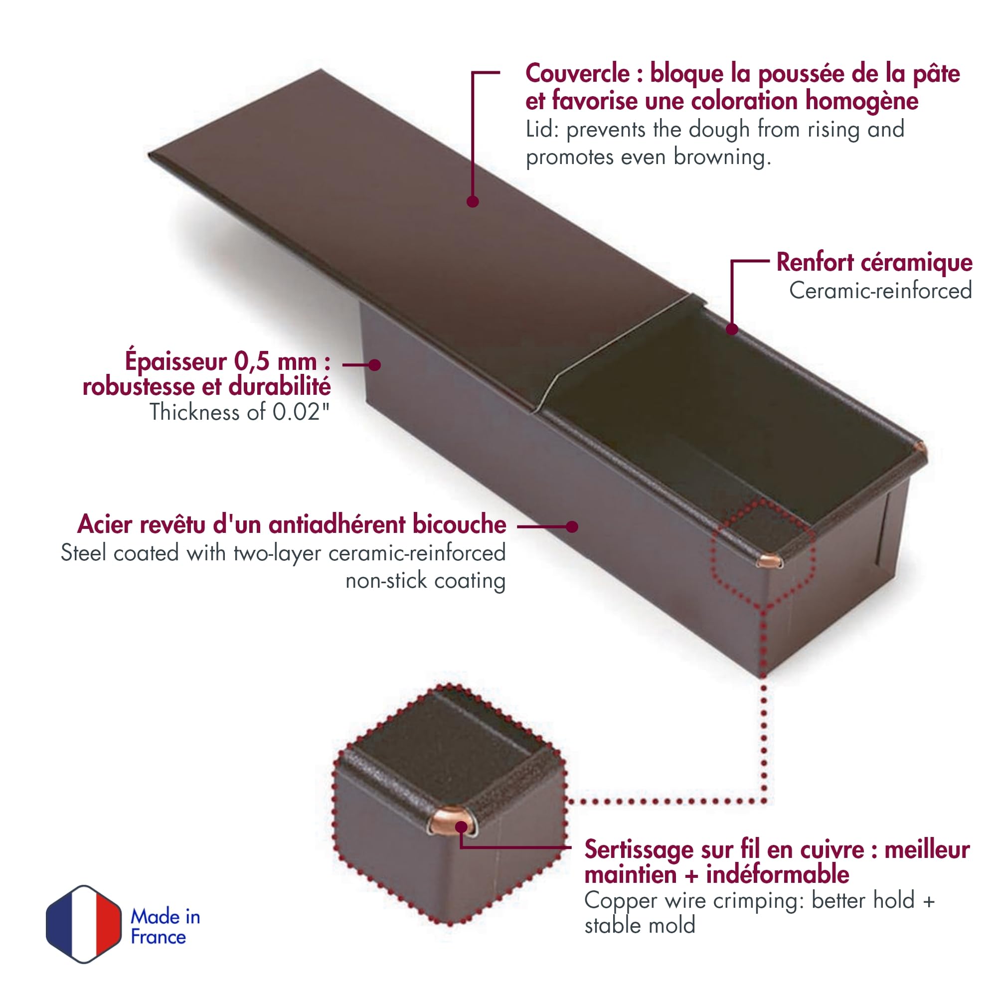 Gobel Stampo per pane in cassetta 40 x 10,5 cm – Acciaio antiaderente con coperchio – Cottura uniforme – Qualità professionale – Made in France
