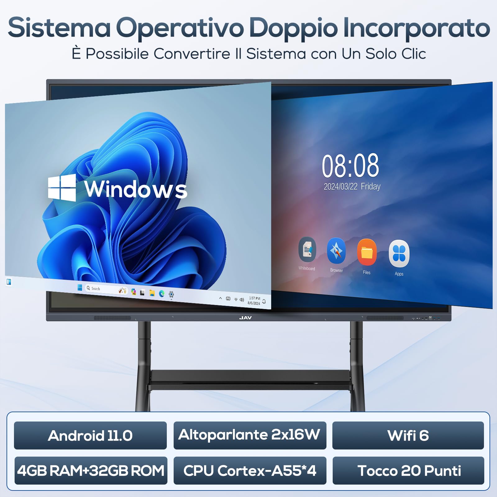 JAV Lavagna Bianca Intelligente 55 Pollici Smart Board 4K UHD Touchscreen All-in-one Lavagna Interattive Digitale con Doppio Sistema per Ufficio, Aula (Staffa Parete Inclusa)