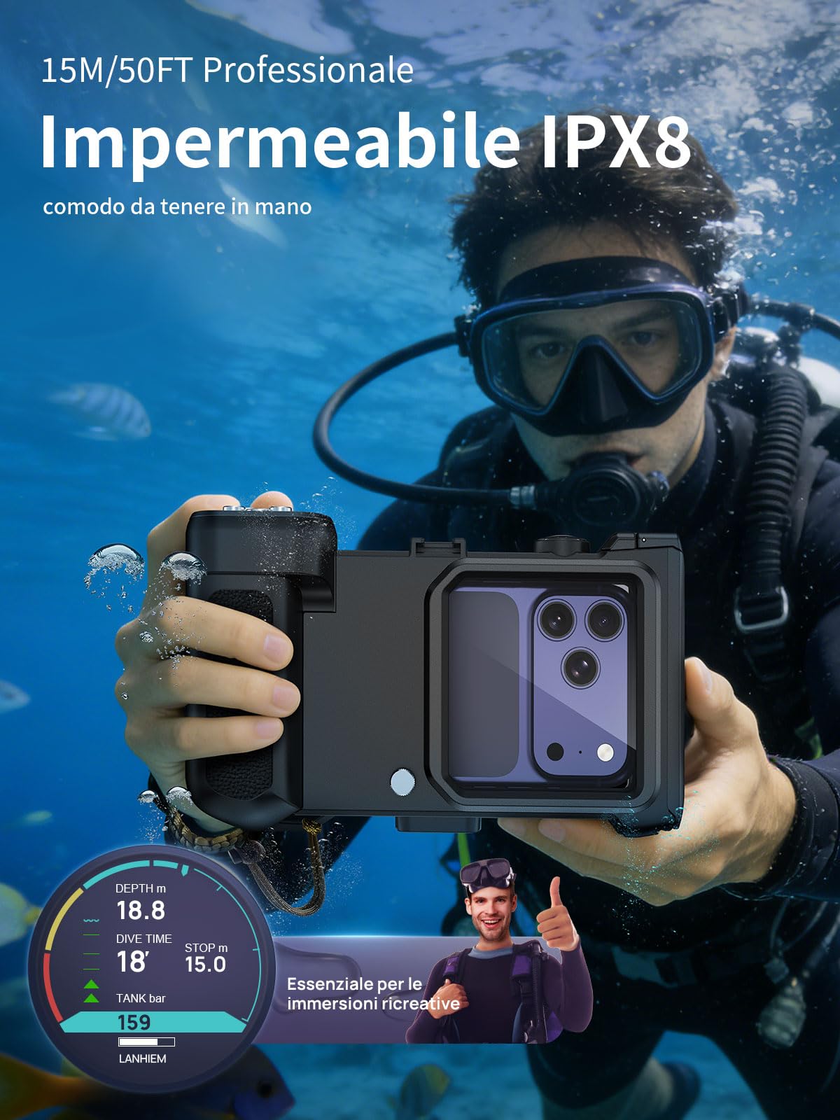 Custodia Impermeabile Smartphone Compatibile con Bluetooth, 15M [Universale] IPX8 Cover Subacquea Professionale per iPhone Samsung Galaxy Huawei XiaoMi Oppo Vivo Android 4.7-6.9'', Nero