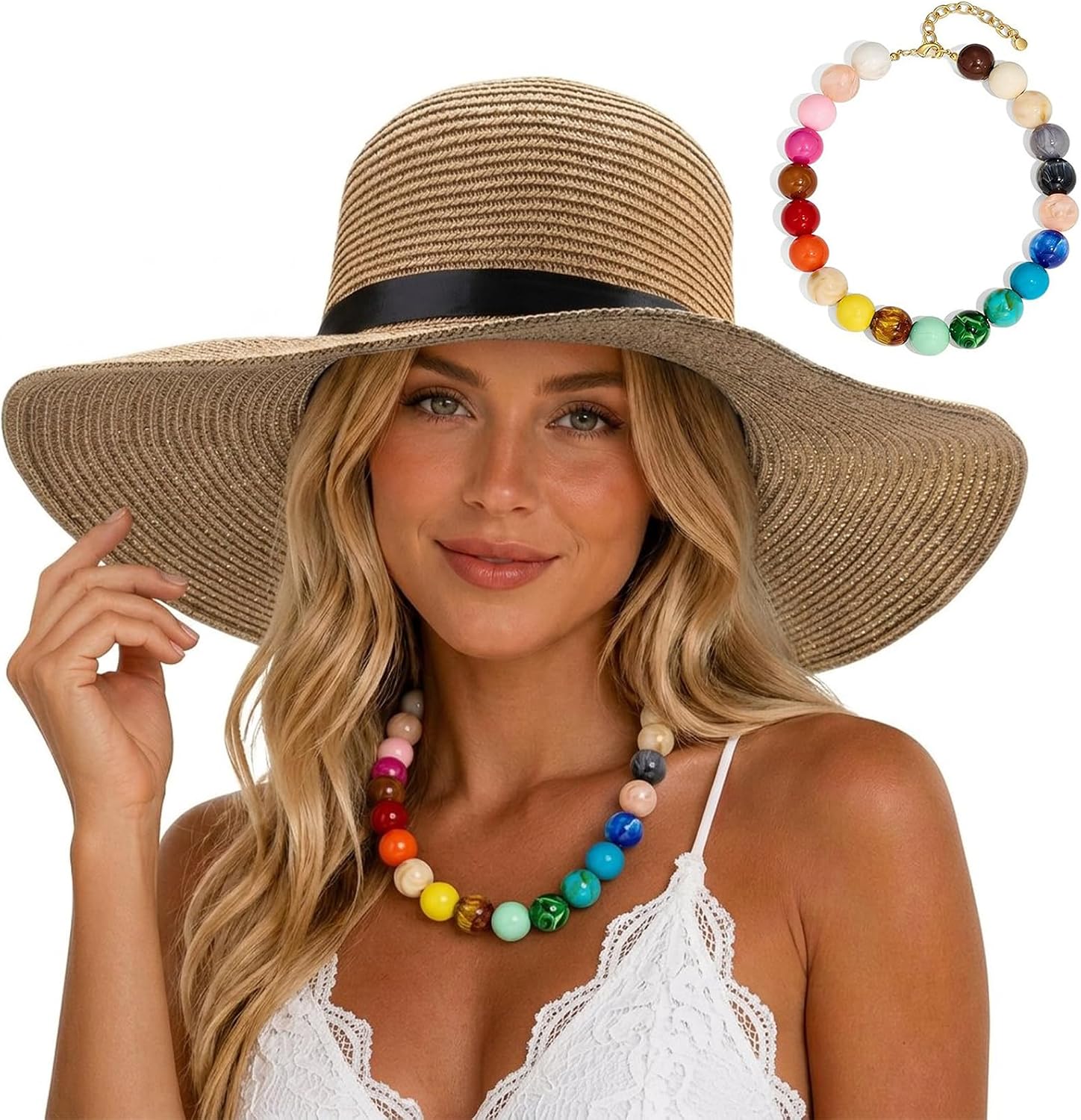 Wide Brim Straw Sun hat with Colorful Resin Bead Necklace, Summer Beach Set, Set of 2