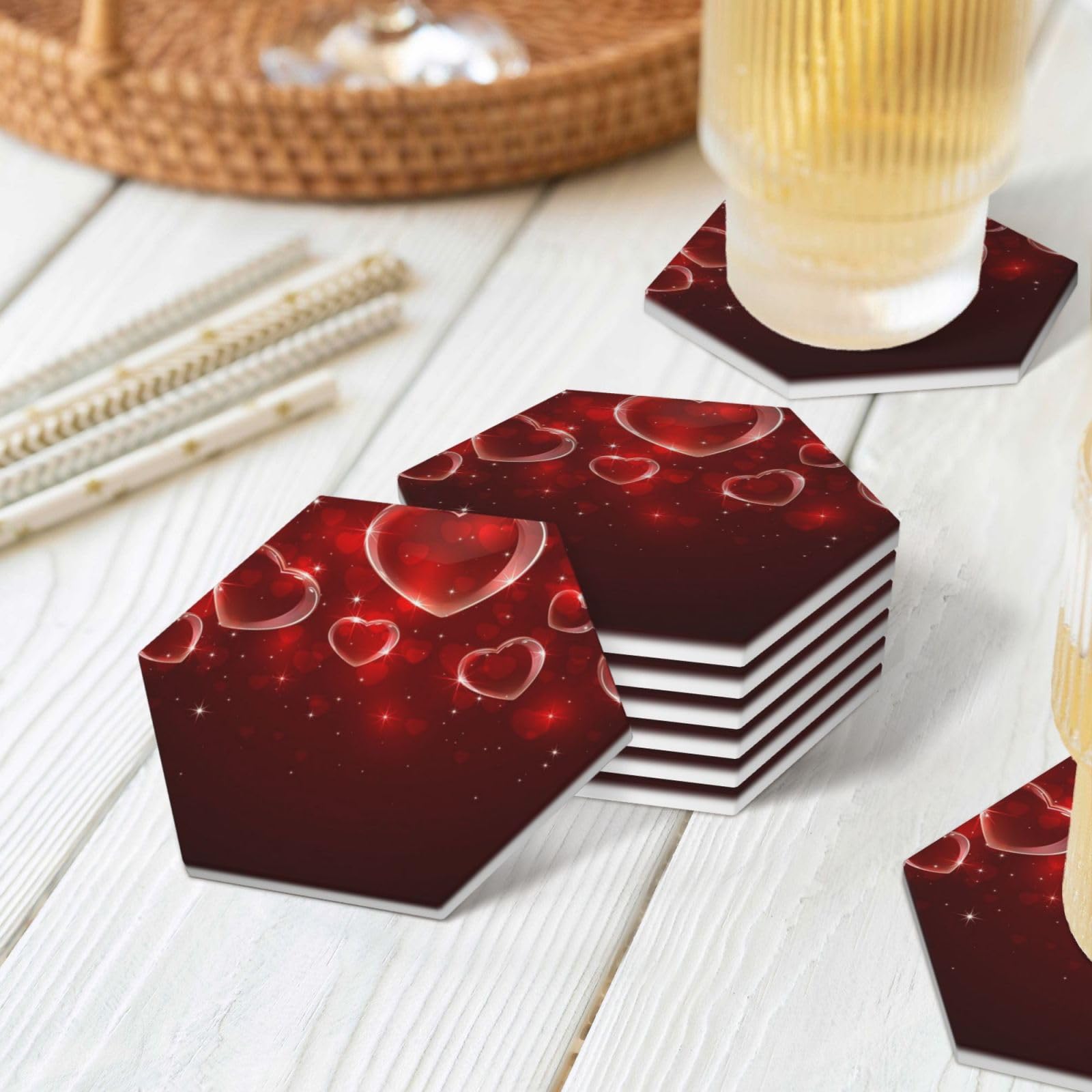 Lot de 6 dessous de verre absorbants en céramique avec base en liège Motif cœur rouge