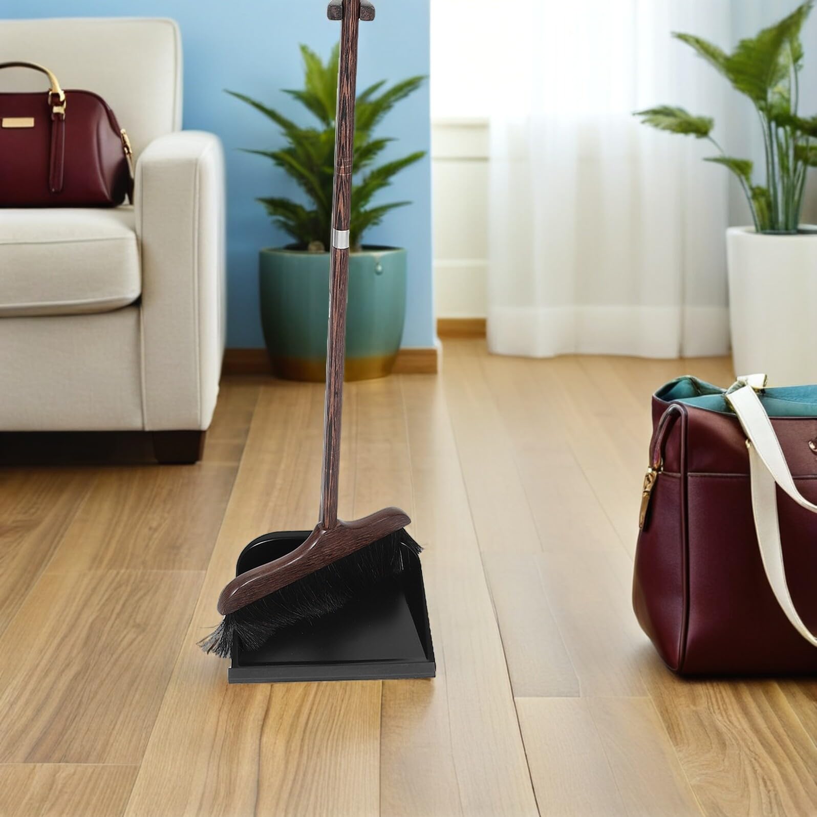 Toyvian Juego de Escoba de Cerdas Naturales y Recogedor de Basura Vertical con Mango de Madera de ala de Pollo, Set para Limpieza del Hogar, Cepillo para Pisos Duros, Escoba de Mano