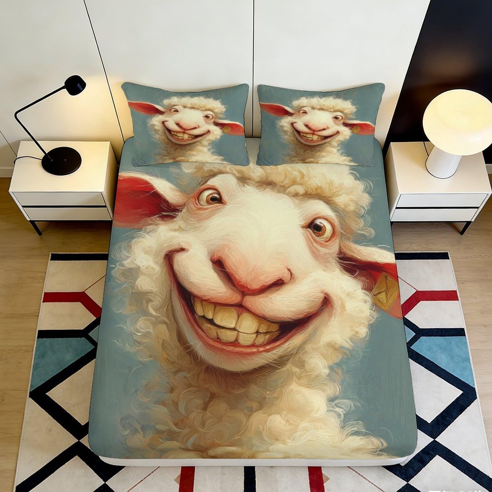 3D Printed Smiling Sheep Fitted Sheet Microfiber Soft Anti-Slip Animal Cartoon Mattress Cover for Bedroom Dorm Decor 120x200cm 180x200x25cm