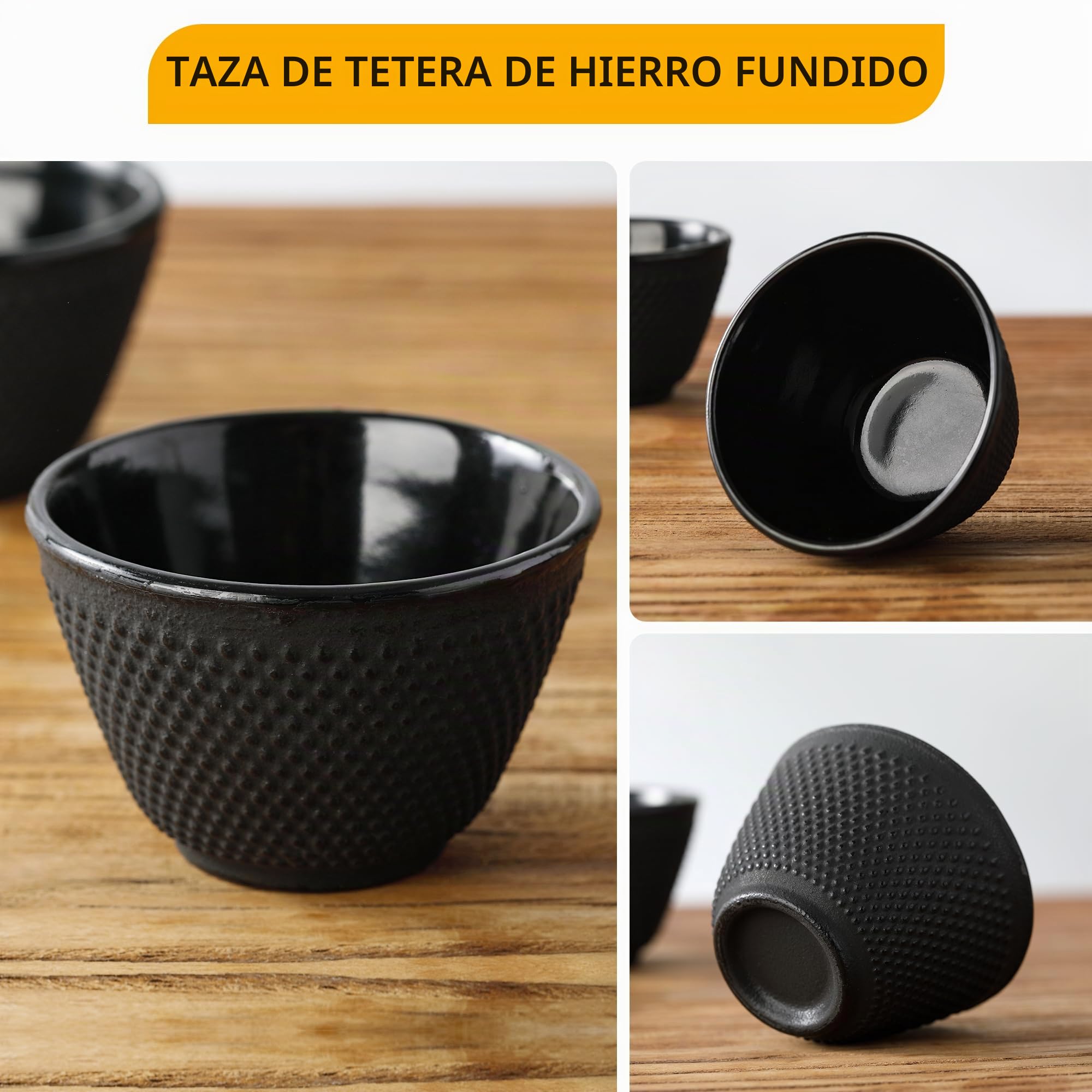 Velaze - Taza de té de hierro fundido, asiática japonesa interior de esmalte negro, 2 piezas de 120 ml, té caliente y saludable, 120 ml y juego de 2 piezas