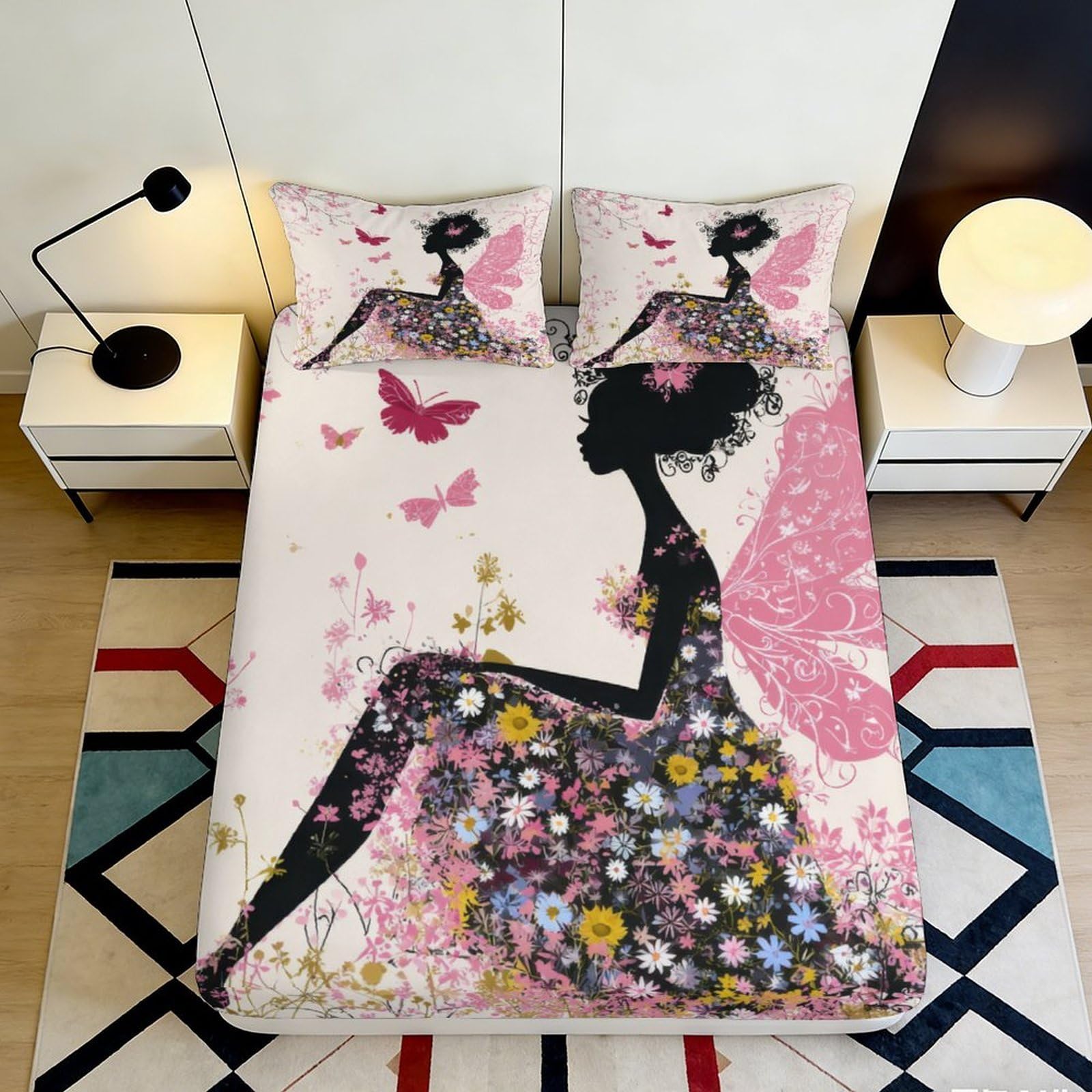 3D Printed Fairy Silhouette Fitted Sheet Microfiber Pink Butterfly Bed Cover for Bedroom Guest Room Mattress Protection 90x200x25cm