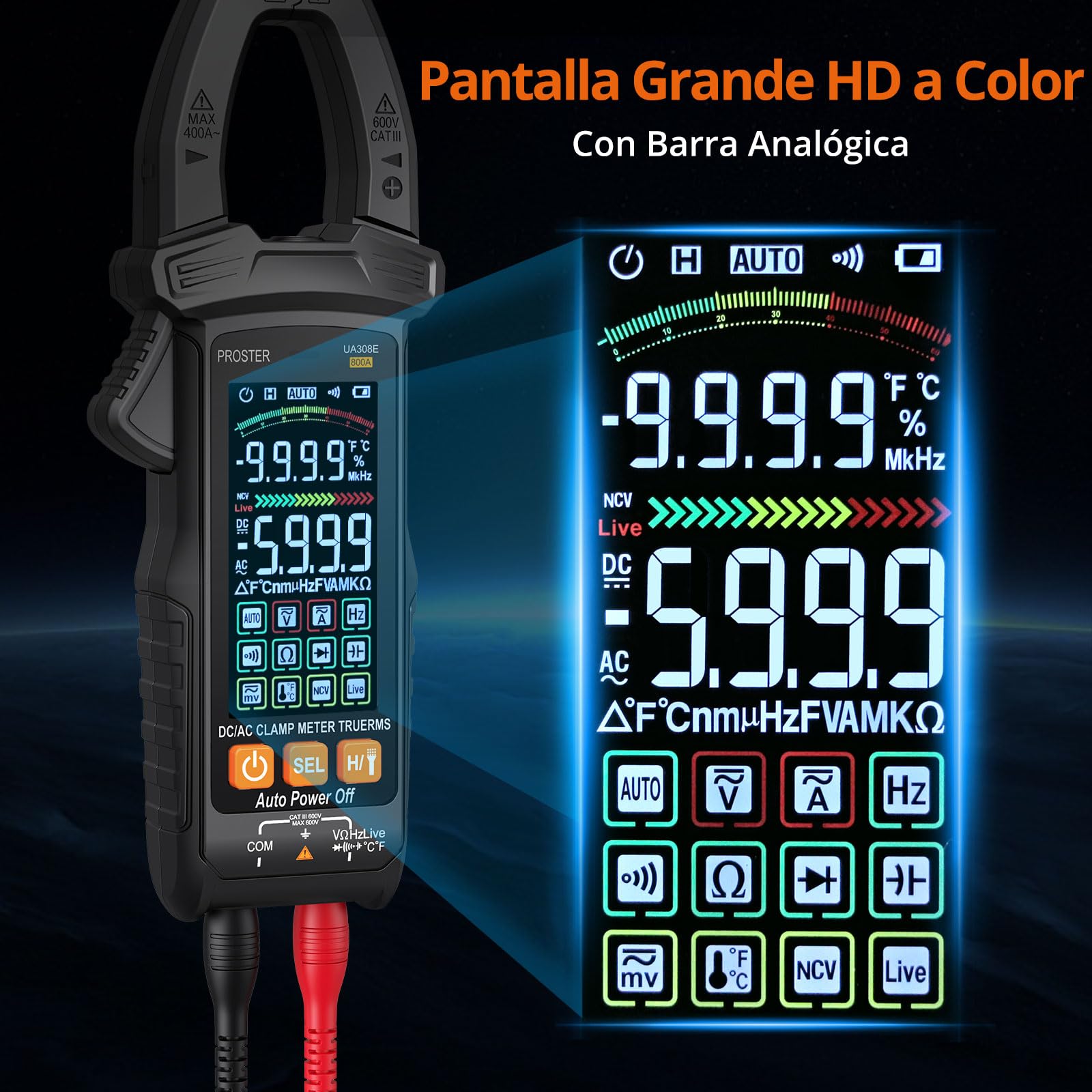 Proster Pinza Amperimétrica TRMS 6000 Cuentas - Medición de Corriente AC/DC 800A, Voltaje 600V, NCV, Resistencia, Diodo y Temperatura con Pantalla Grande y Bolsa de Almacenamiento