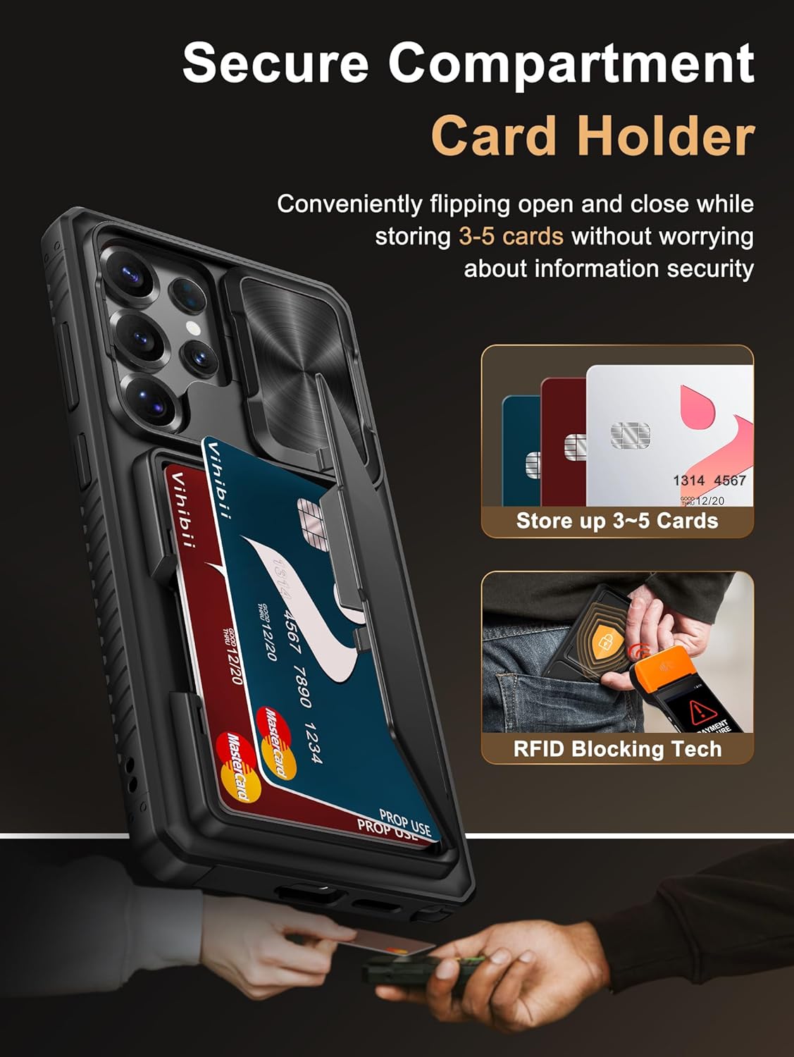 Vihibii for Samsung Galaxy S25 Ultra Case with Card Holder (4 Cards), RFID Blocking & Slide Camera Cover, Military Grade Drop Protection, Rugged Hard Back & Silicone Edge Wallet Case, 6.9" 2025, Black - Image 2