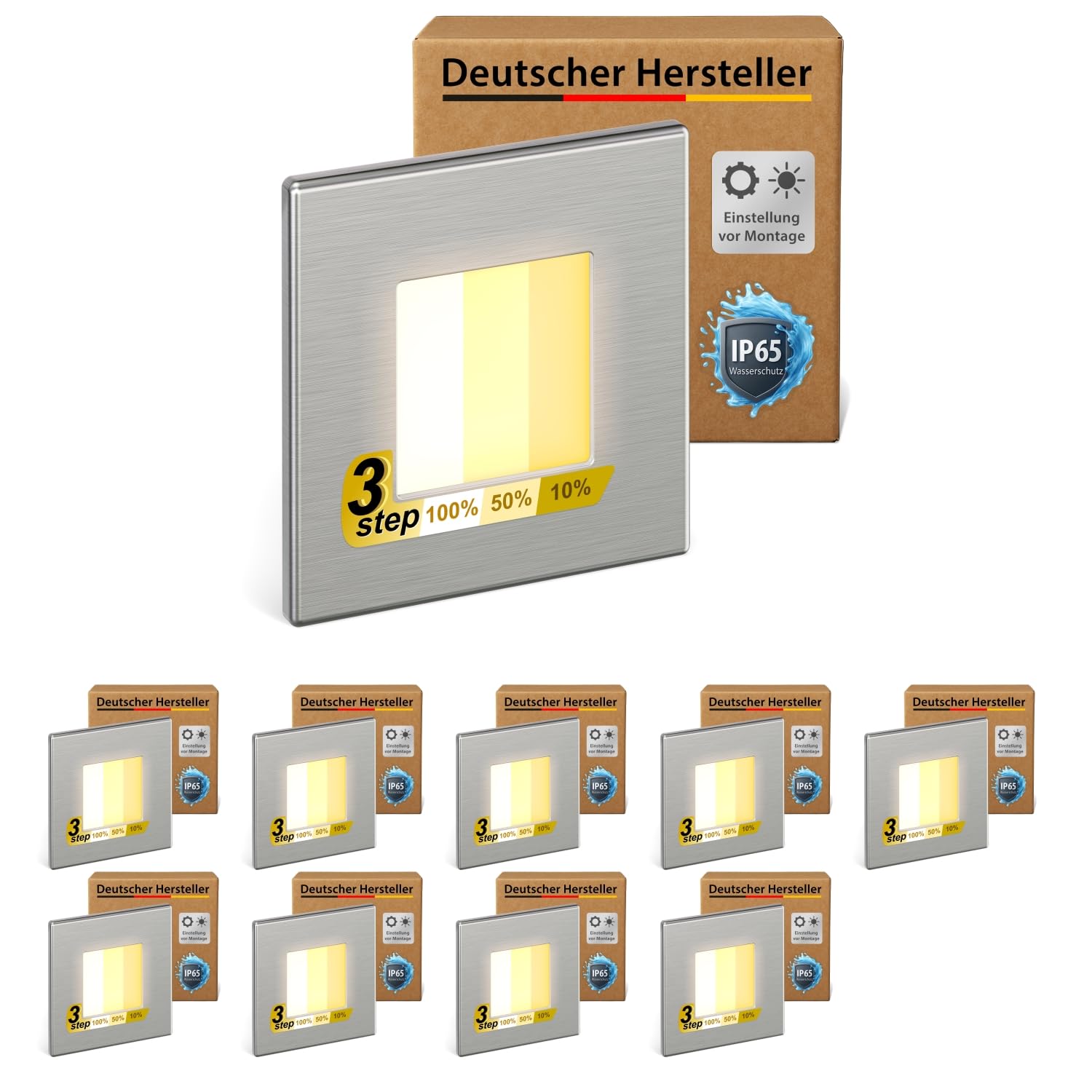 ledscom.de 10x LED Treppenlicht/Wandeinbauleuchte FEMA für innen und außen, eckig, edelstahl, 80 x 80mm, warmweiß