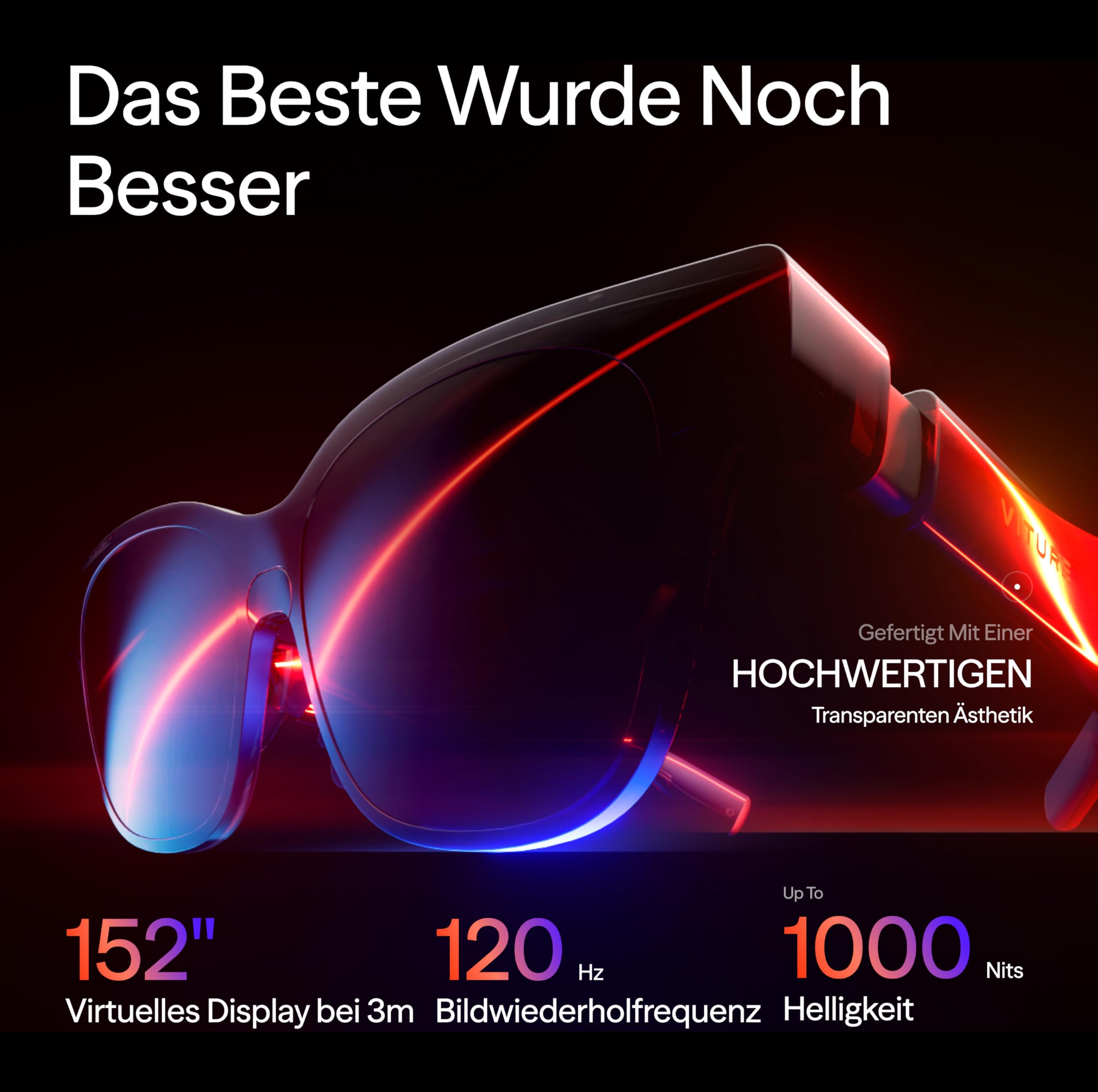 VITURE Luma Pro XR/AR Brille — 152” 1200p Ultra-Scharfes Display, 1000 Nits Helligkeit, 52° Sichtfeld, für iPhone 17/16/15, Android, Mac, PC, erstes XR-Erlebnis überhaupt für Switch 2-Standard