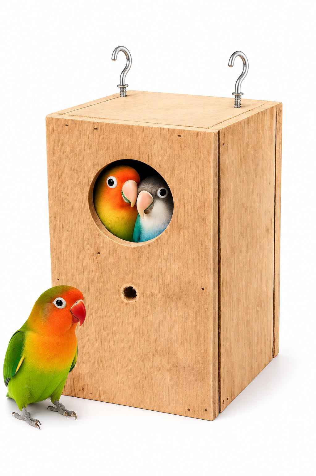Wooden Bird Breeding Nest Box for Lovebirds & Java Finches | Natural Wood Construction, Hanging Hook Design, Inspection Door, Bird Cage Compatible, African Lovebird Fit-image-4
