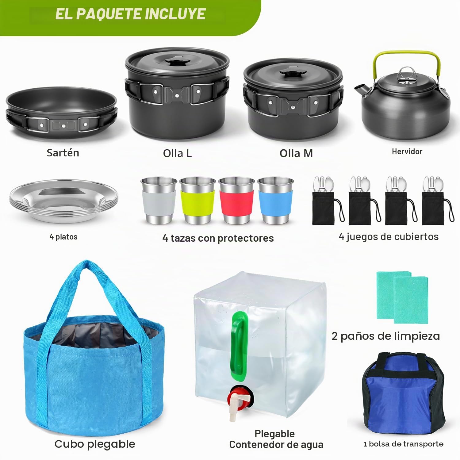 Odoland Kit de Utensilios de Cocina para Camping 29 pzas, Ollas y Sartenes Antiadherente de Camping con Contenedor de Agua y Cubo Plegable, Hervidor, Cubiertos Plegable, Copas, Platos para Acampada