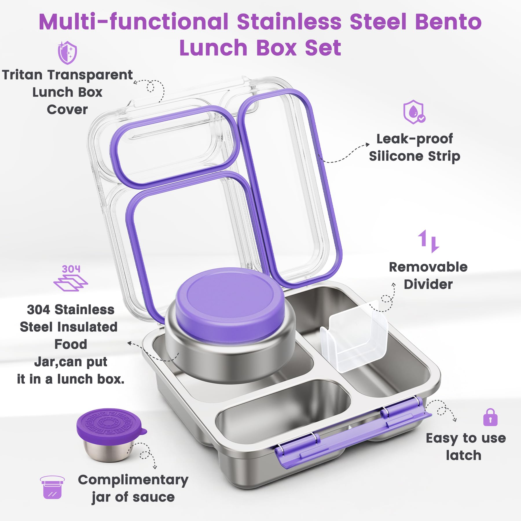 Fiambrera de Acero Inoxidable Adulto Niño con 200ml Termo para Comida, Bento Box para Niños con 3 Compartimentos y Recipiente para Salsas, Lunch Box para Oficina, Colegio y Picnic, sin BPA, Morado