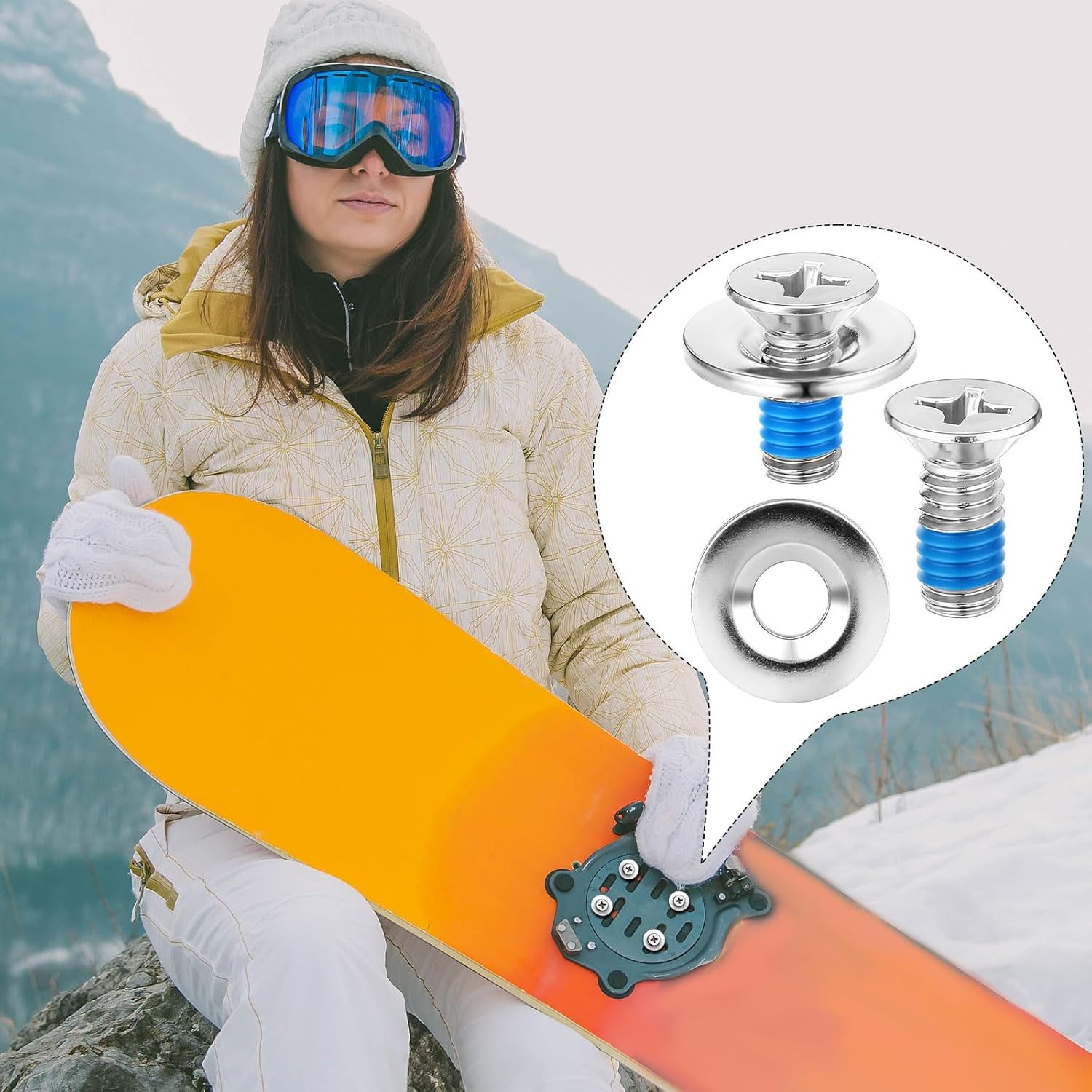 Moxweyeni 80 Pcs Snowboard Binding Screw Bulk Stainless Steel Snowboard Mounting Screws Hardware with Anti-Slip Washer Ski Binding Accessories Fits Most Ski Sport Bindings Discs Replacement