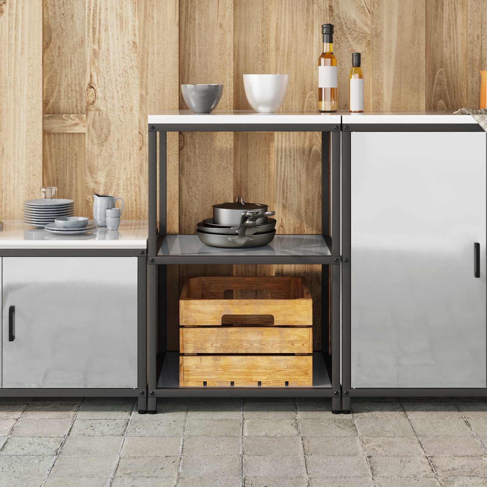 Stahl Küchenaufbewahrung HATTEM Silber, 60 x 50 x 92 cm Regal Lagerung für Vorräte, Mehrzweckschrank für Esszimmer Küche Balkon Garten Ordnung