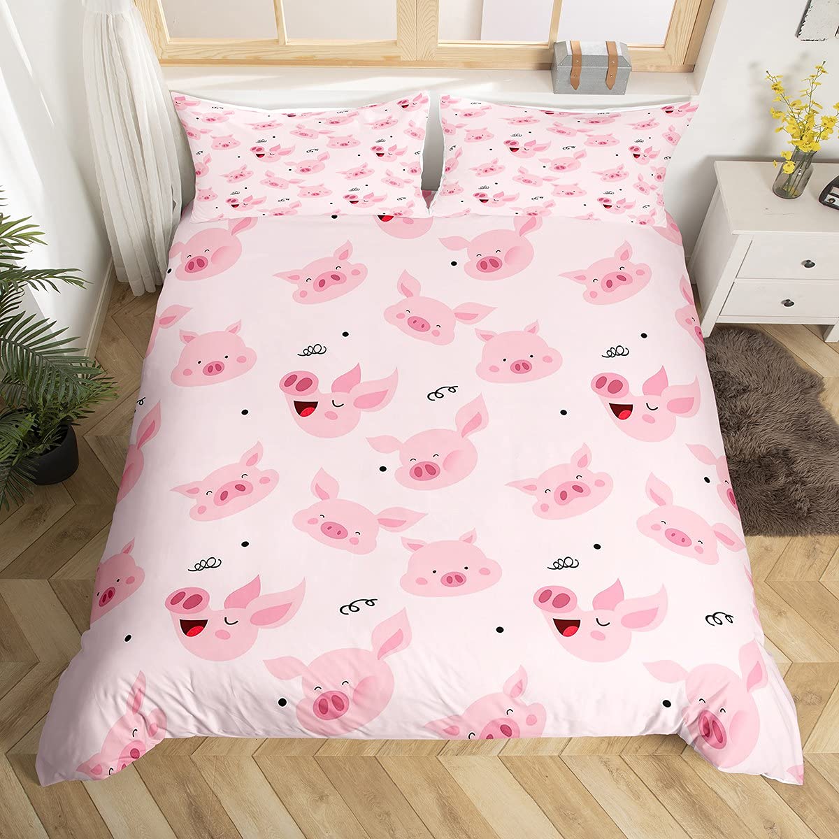 Kids Cute Pig Bedding Set Girls Pink Pig Bedding & Linen Toddler Cartoon Lovely Piggy Duvet Cover Nursery Funny Farm Animal Bedding & Linen 3Pcs With 2 Pillow Case Double Size