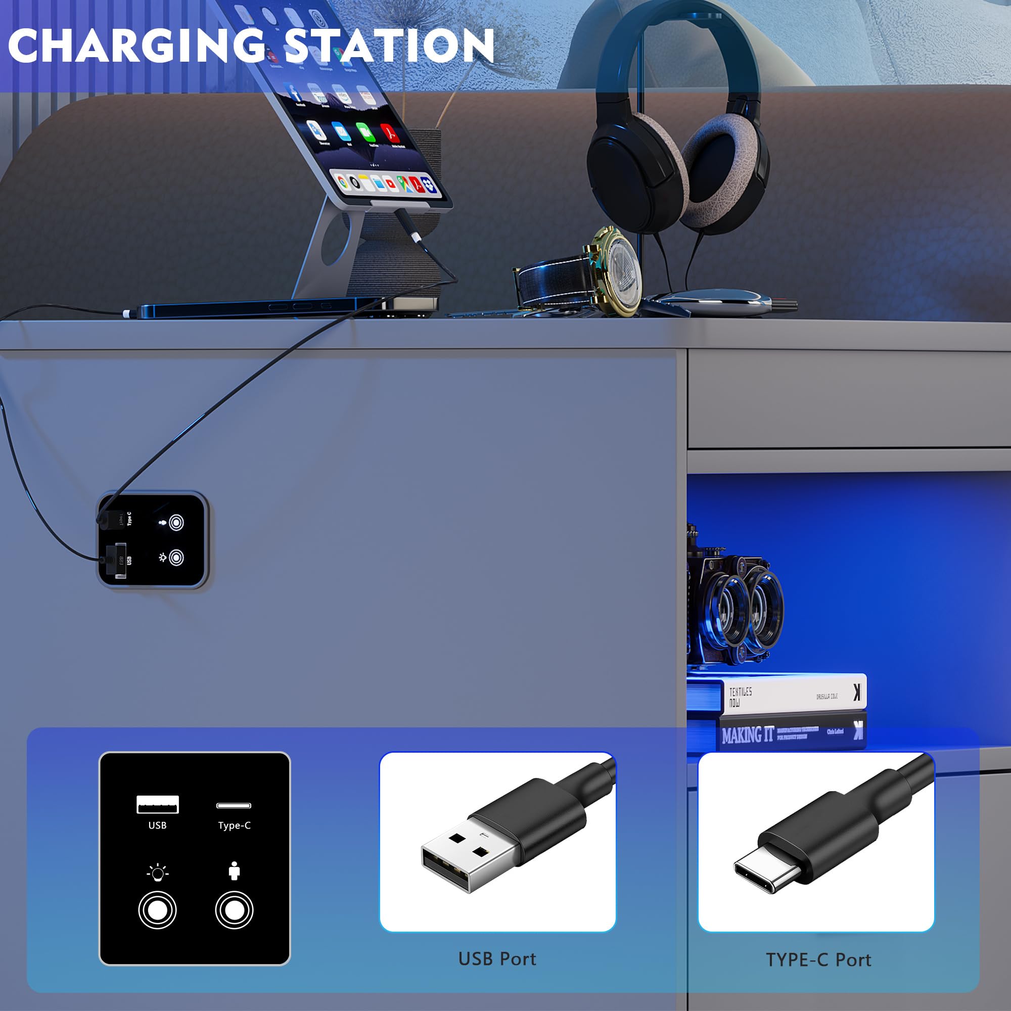 Gurexl LED Nachtschrank mit 3 Licht Dimmbar, Smart Nachttisch mit Ladefunktion, Abschließbare Schubladen Sideboard mit 3 Schubladen USB Type-C Wohnzimmer Grau