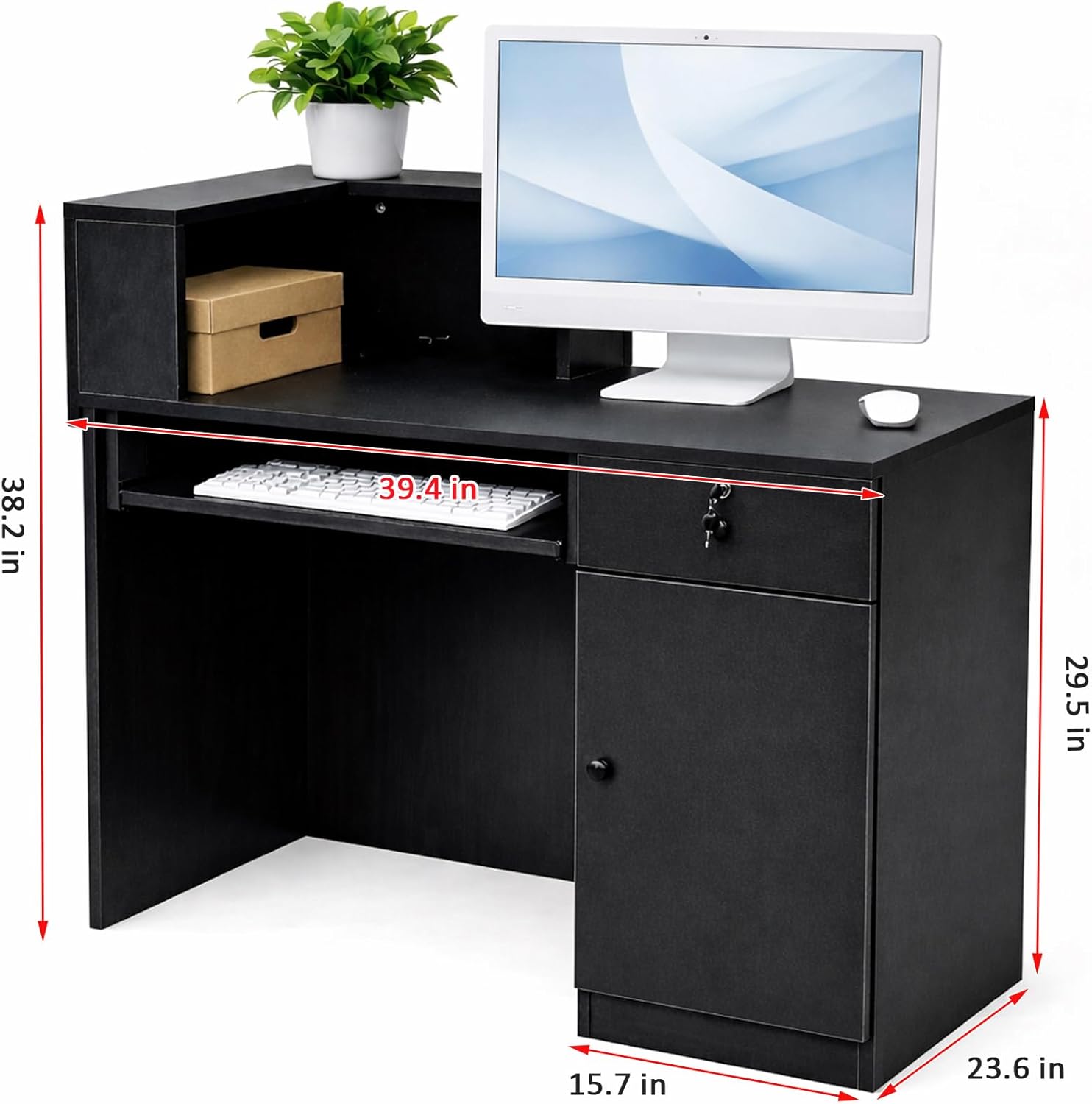 Modern Reception Desk with Storage Drawer & Counter Shelf, 39.4" Front Counter Reception Table for Office, Salon, Lobby, Retail Store (Black, Left Table)