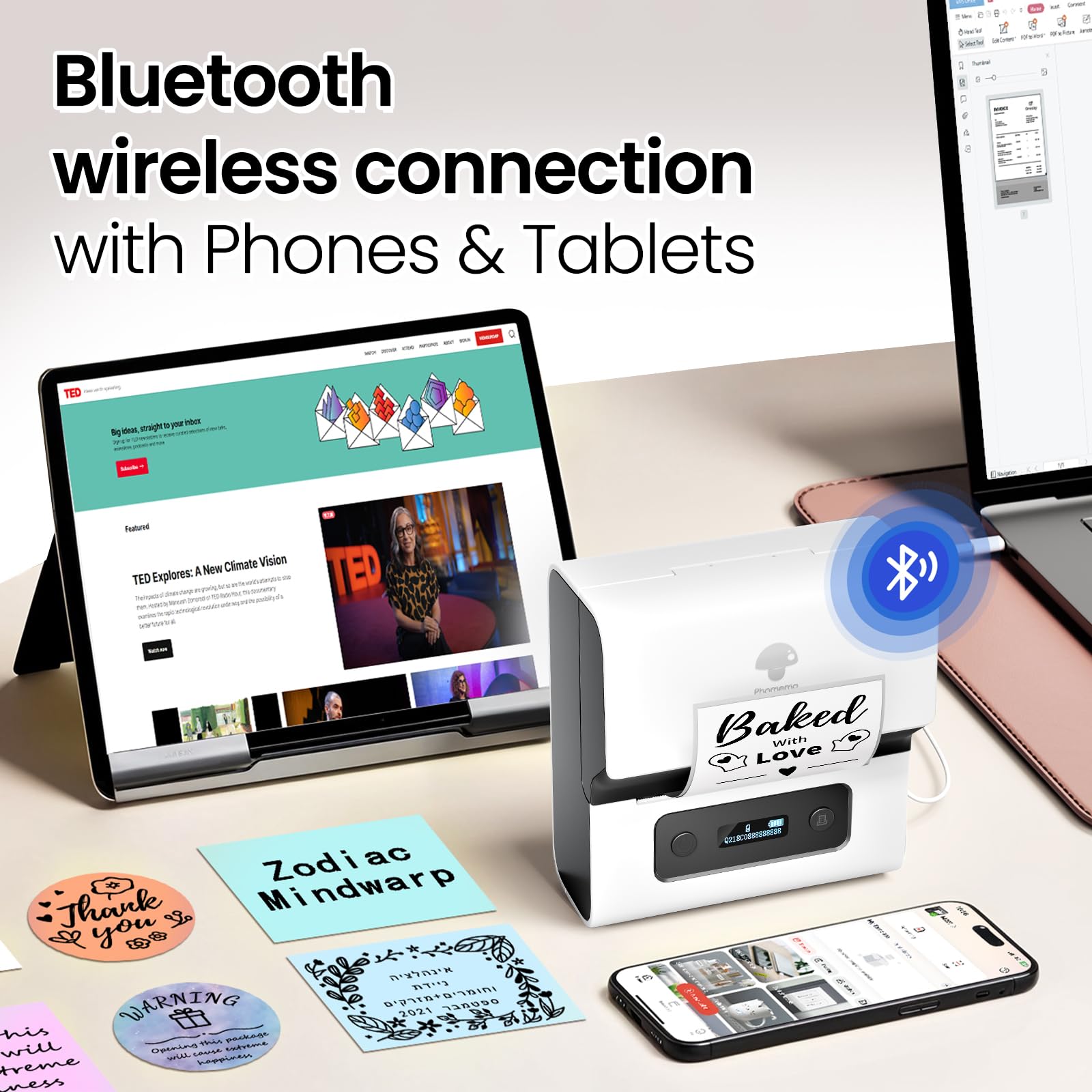 Phomemo M221 Imprimante d'étiquettes Thermique Bluetooth Portable Blanc avec 3 Rouleaux d'étiquettes et Sac