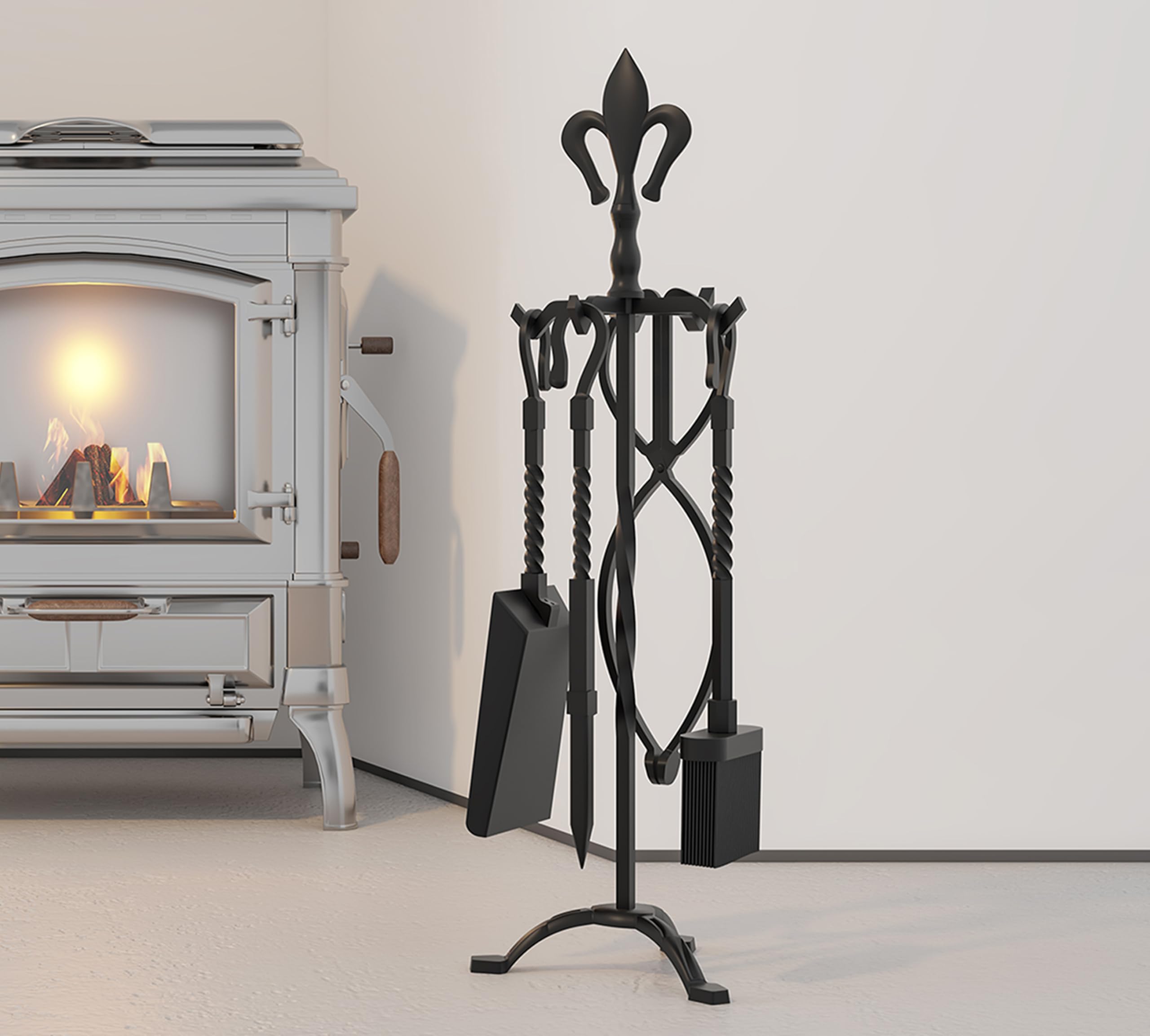 Kingson Set di 5 accessori per caminetto in ghisa, finitura nera, include attizzatoio, pinze, spazzola, pala e supporto, set di attrezzi per caminetti tradizionali, altezza 53 cm