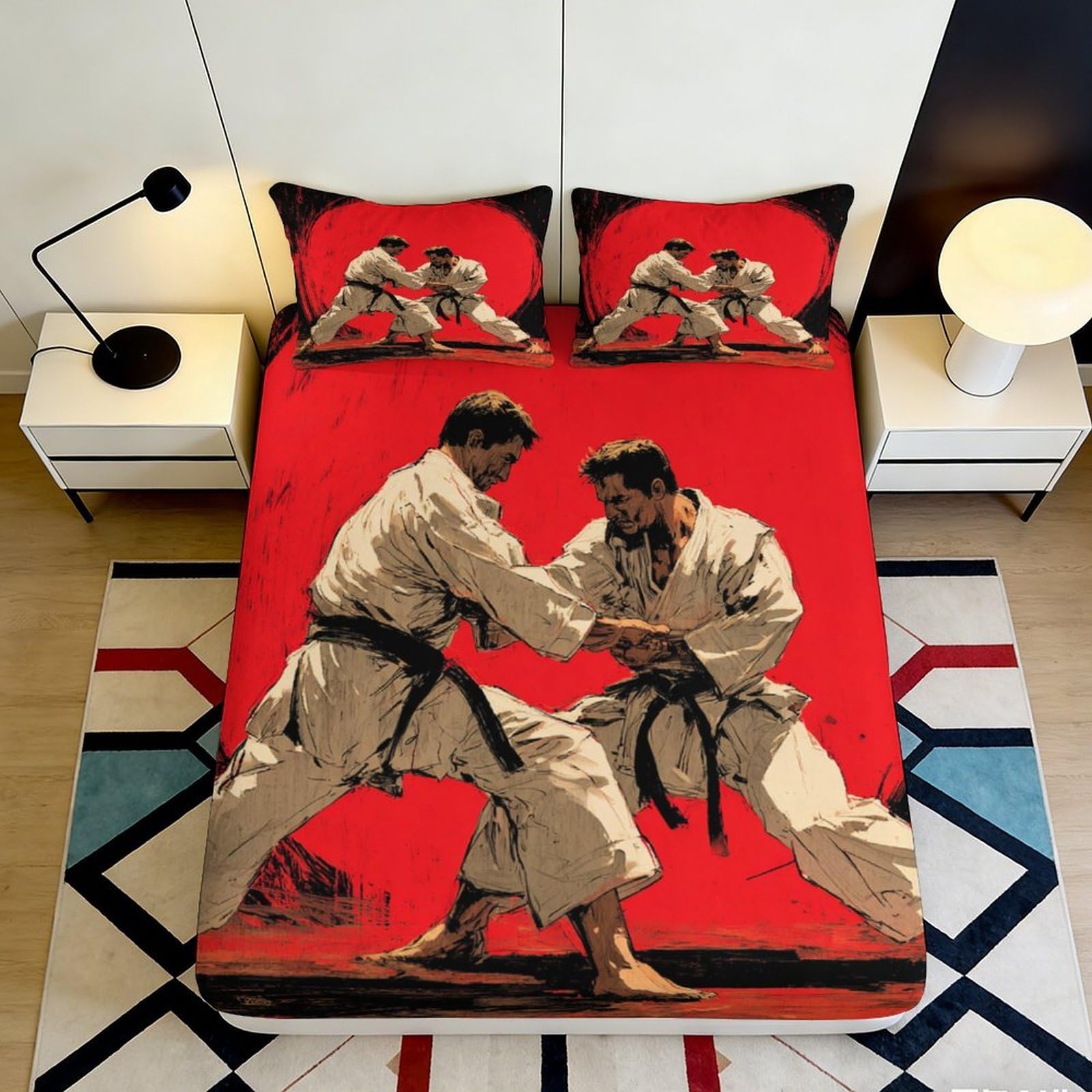 3D Printed Judo Martial Art Fitted Sheet Microfiber Red Sports Bed Cover for Bedroom Dorm Mattress Decor 90x200x25cm