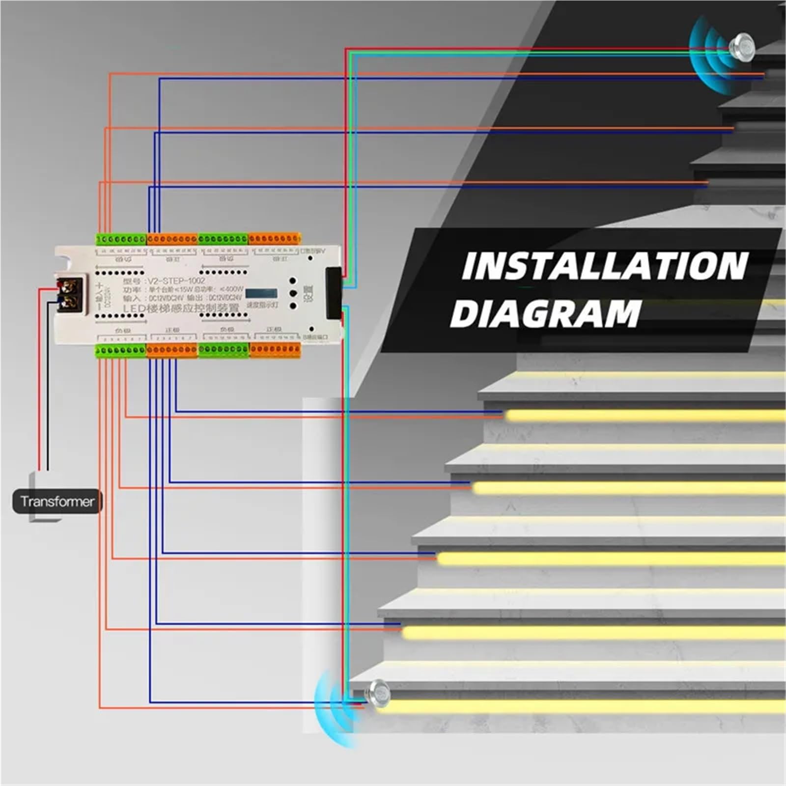 Tira de luces LED con Sensor movimiento PIR for escaleras, cinta lámpara SMD 5050 12V, controlador pasos escalera 32 canales, fuente alimentación y cable conexión(Stair Controller)
