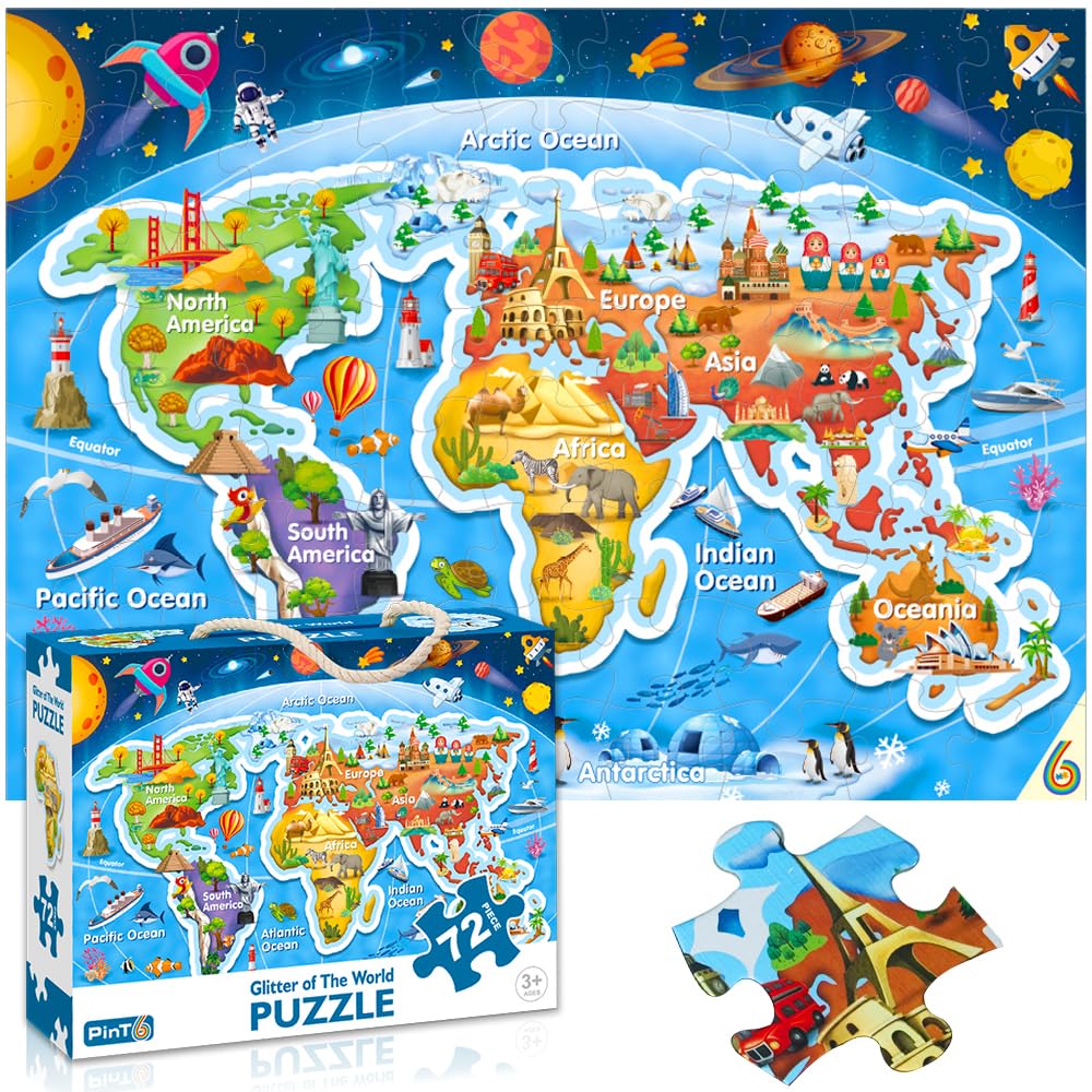 World map Jigsaw Puzzle for Kids Ages 3-5 4-8 Year Old and Up,Jumbo 72 Piece Scenery Around The World Puzzle Fancy Toddler Learn Food Educational Toys Gift Box