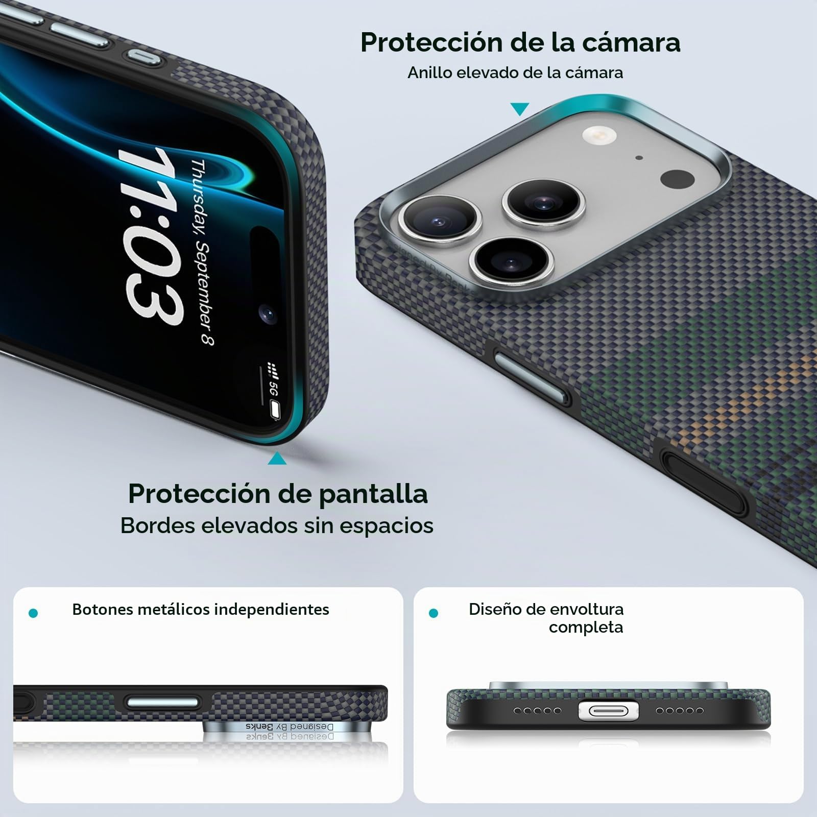 BENKS ArmorPro Aurora Funda para iPhone 17 Pro MAX con Control de Cámara, Compatible con MagSafe, Protección Militar y Antigolpes, Kevlar Fibra de Aramida 600D+1500D y TPU Magnética Carcasa
