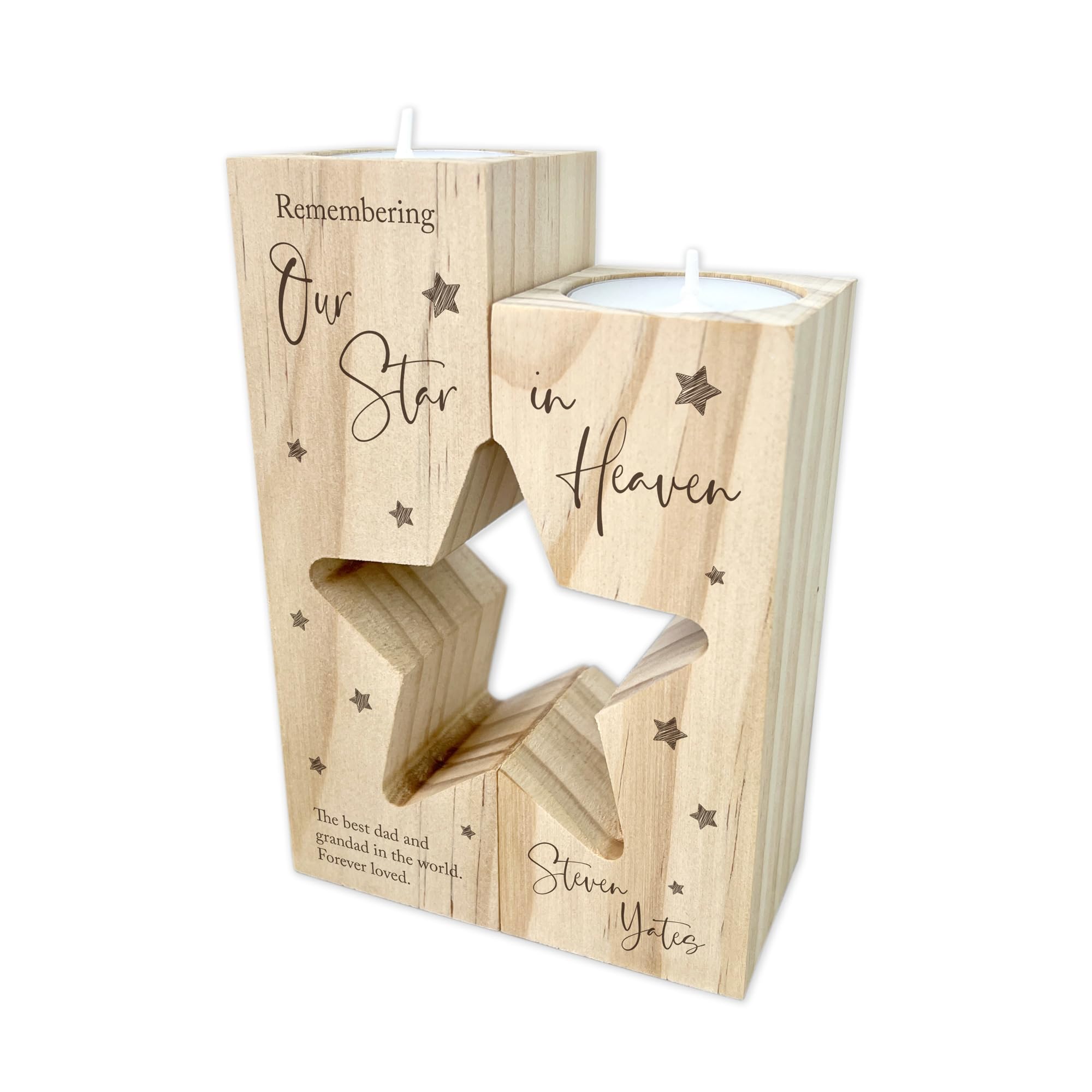 Personalised Solid Wooden Angel Baby Memorial Star Tea Light Holders | Twin Tea Light Pine Wood Candle Holder | Customisable Remembrance Memorial Gift | 14cm x 10cm x 5cm